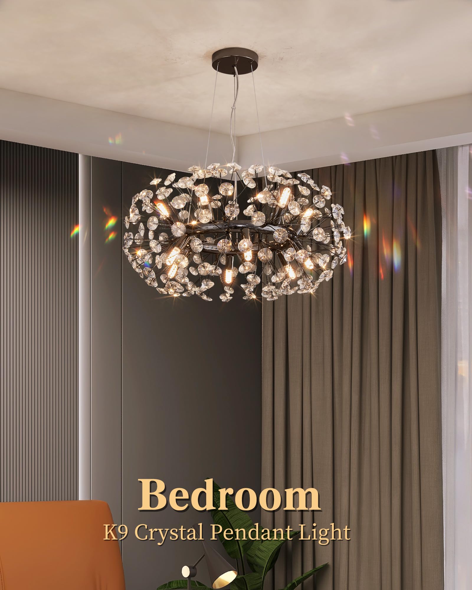Witkey Modern Firework Chandelier, 23.62" Black Crystal Sputnik Pendant Light for Dining Room, Kitchen, Living Room - Model CHD-6012