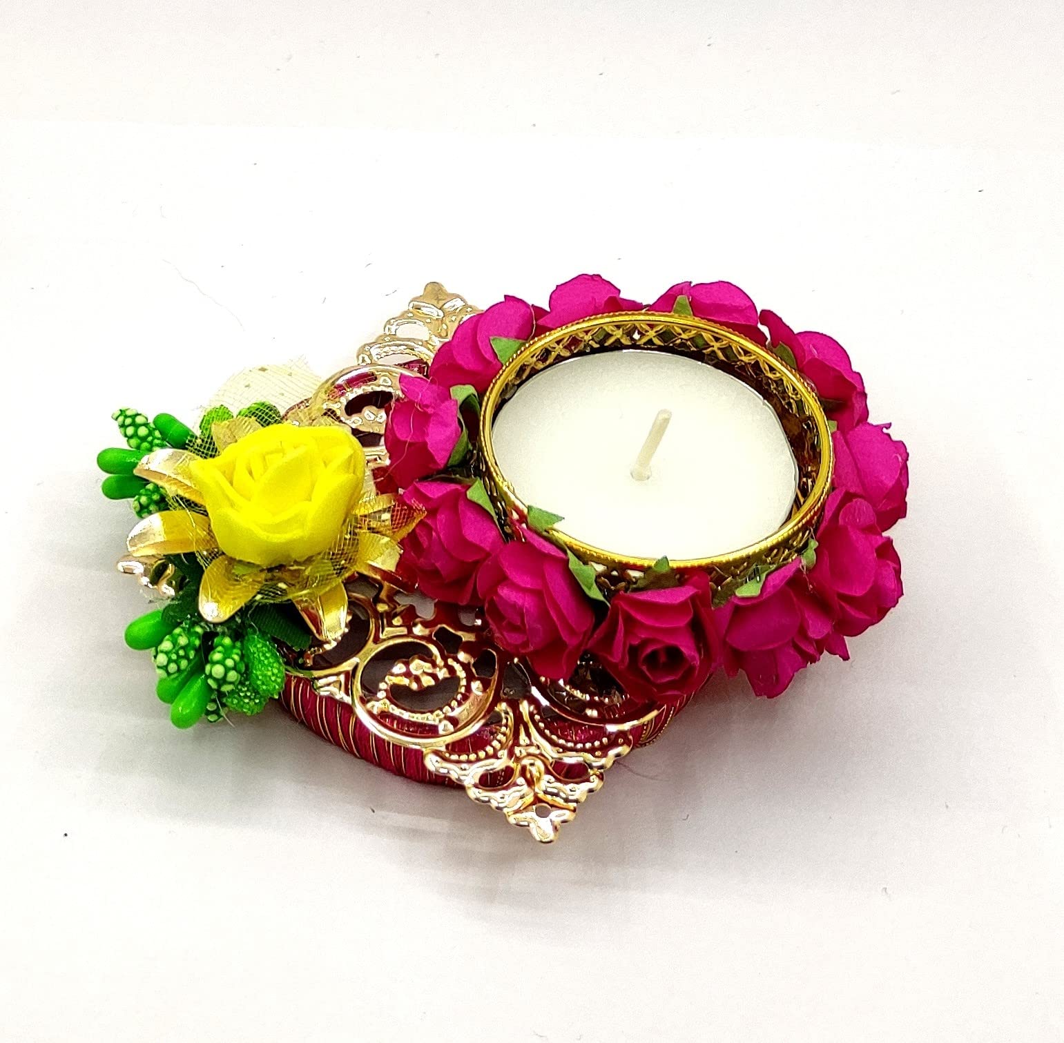Vibhushita Pack of 2 Metal and Plastic Designer Yellow Pink Flowers Decorative Handmade Diwali Oil Wax Lamp with 2 T-Light Candl