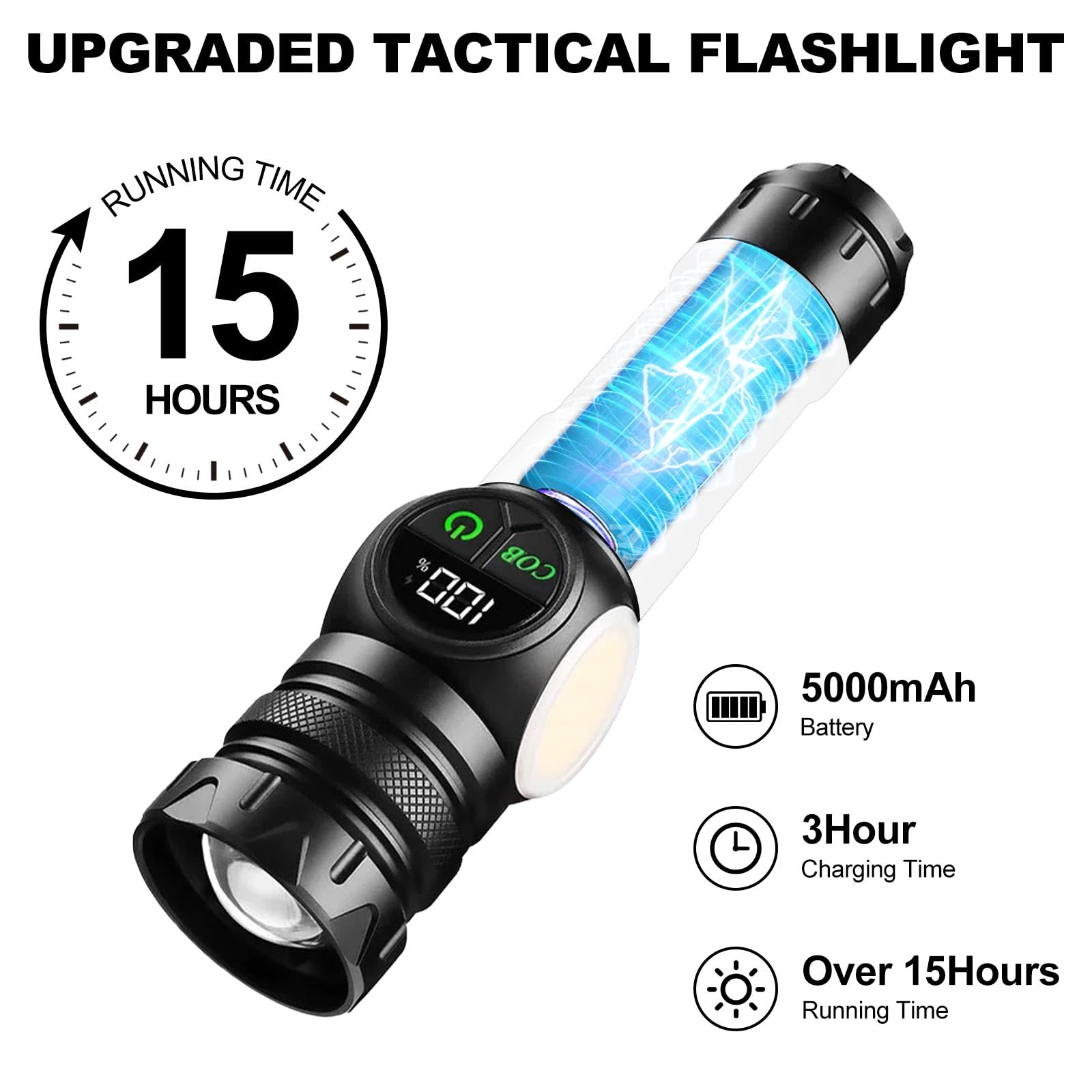 iodoo 3 in 1 Rechargeable Flashlight 5000 Lumens COB Light with Zoom, 5000mAh Battery, Magnetic Base, Standard Model COF-FL