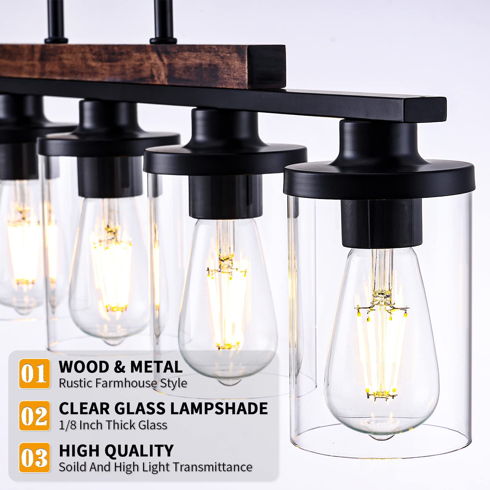 Nsrce 5-Light Farmhouse Linear Chandelier, Black Metal With Clear Glass Shade, Rustic Pendant Light