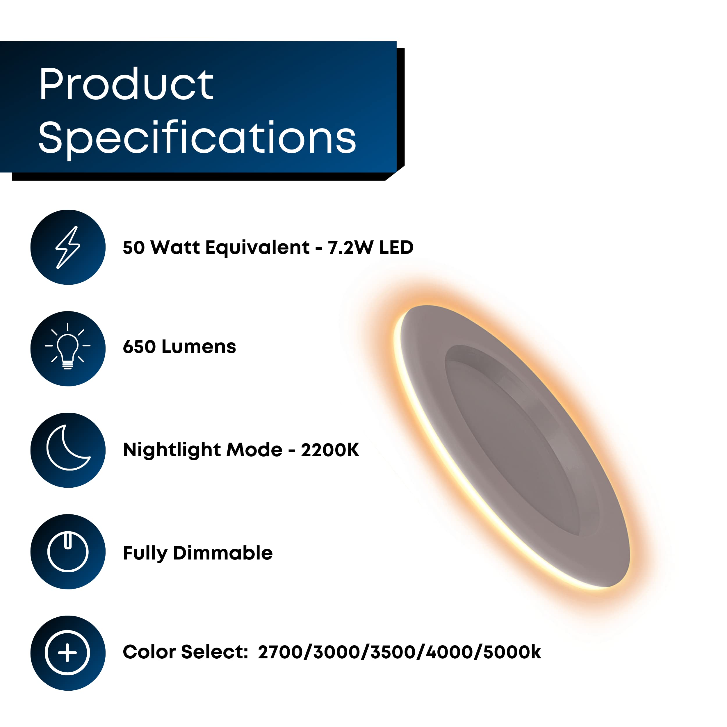 Feit Electric 4'' Led Recessed Downlight With Night Light Mode, 50W Equivalent, Dimmable, 5Cct Selectable White, 90 Cri, 650 Lum
