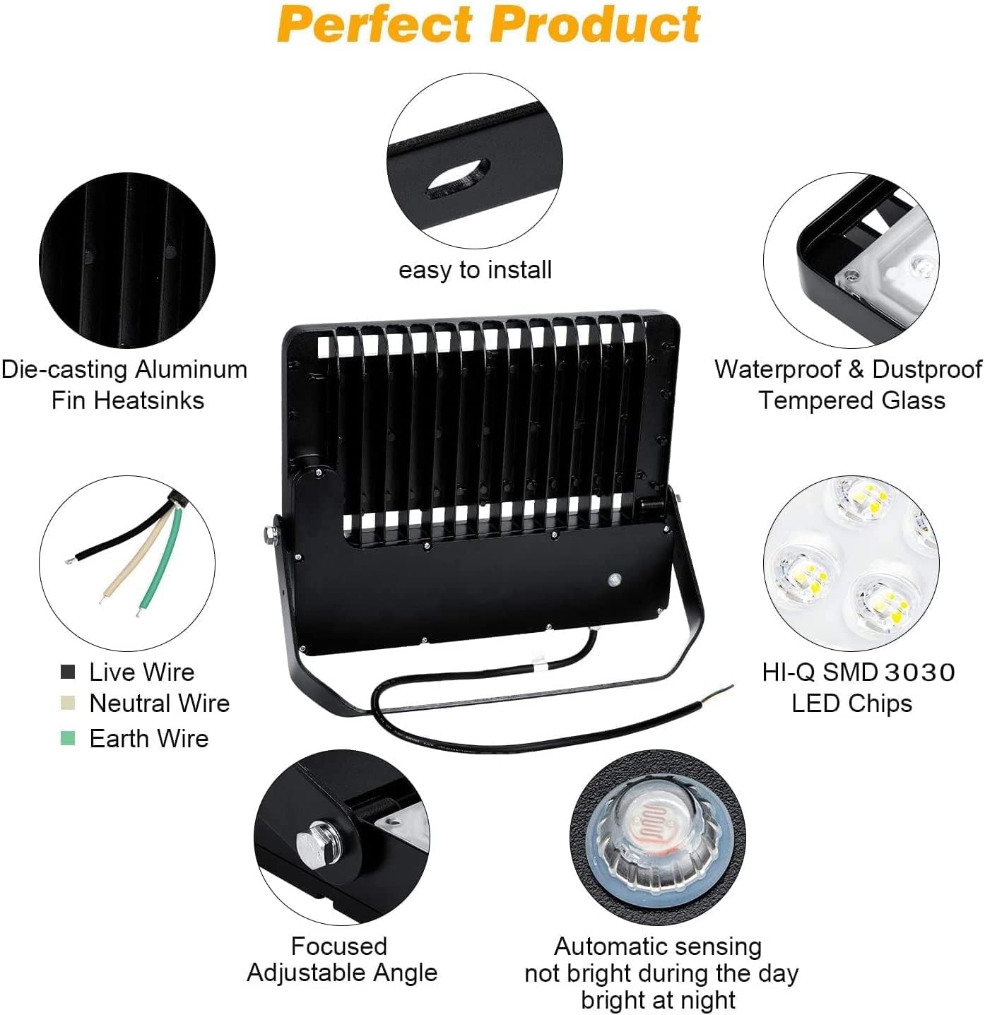 Juyace 36000lm LED Parking Lot Lights, 240W Dusk to Dawn Flood Light, Black, Model KU203C-N, 3 Pack for Sports Fields & Security Areas