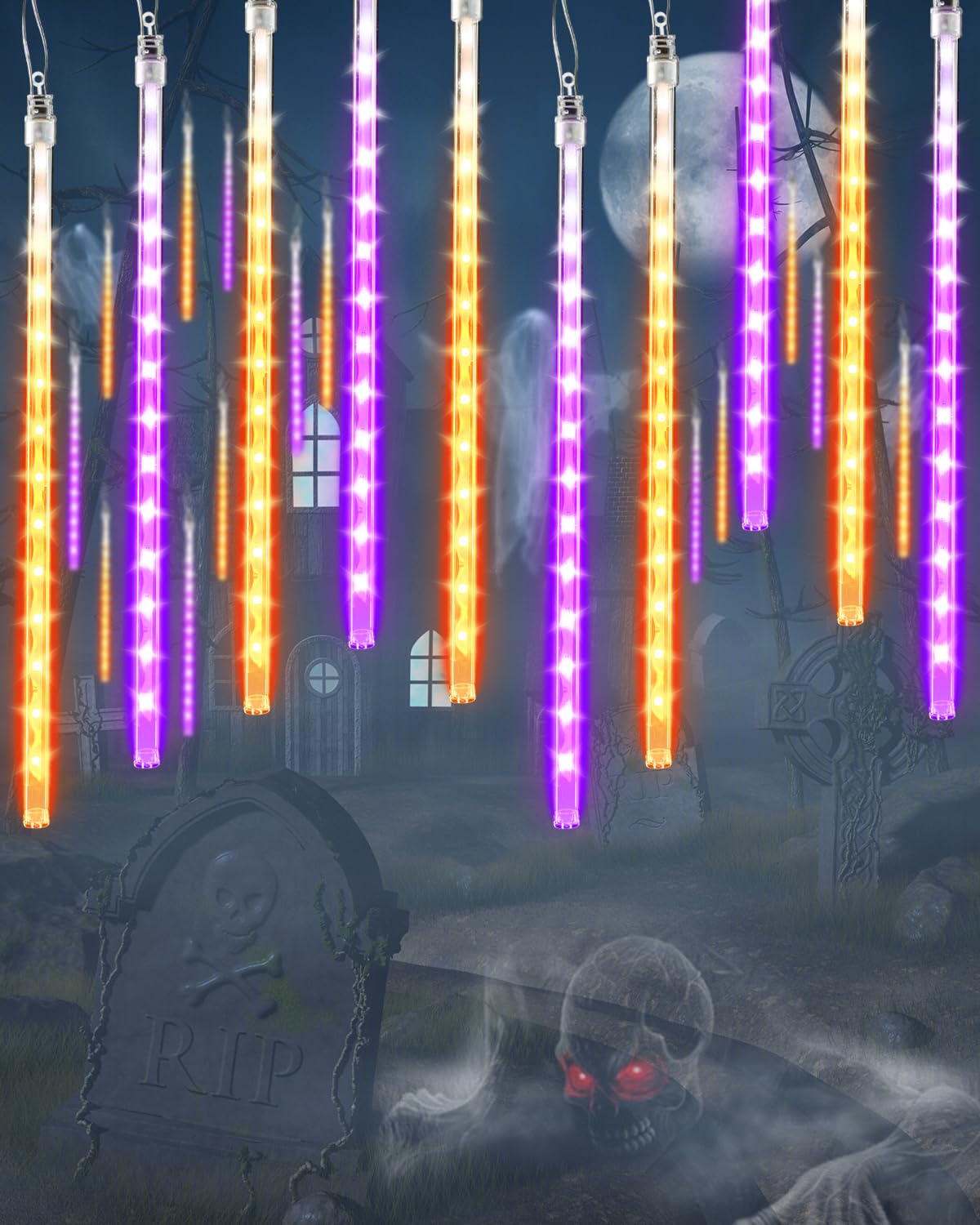 Flacchi Halloween Lights Outdoor 20 Tubes 480 LED Raindrop Lights, Orange and Purple, with Timer Function, Model SSL0480-C-D-7V