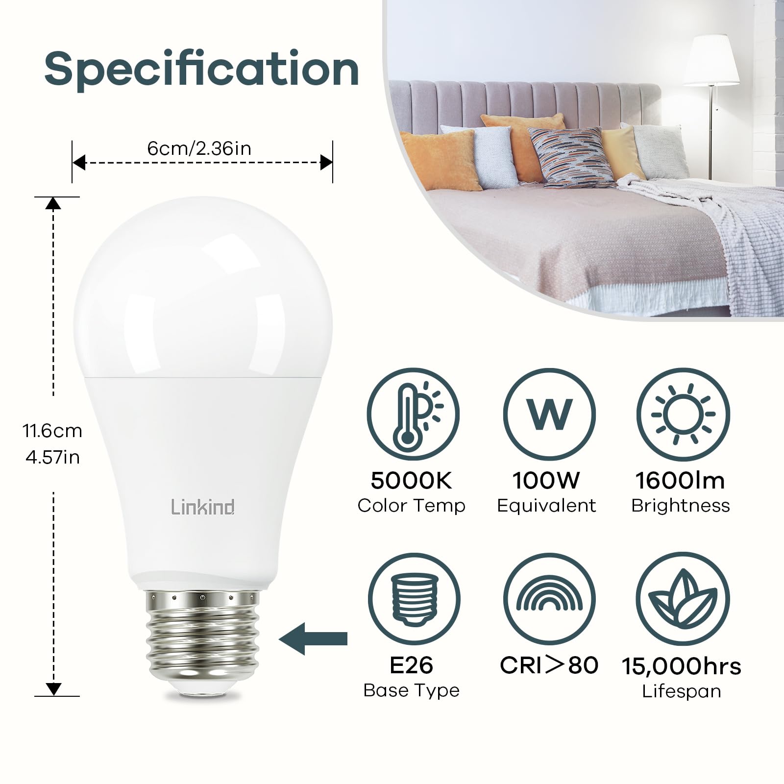 Linkind A19 LED Light Bulb 100W Equivalent 14W 5000K Daylight 1600 Lumens E26 Base 12-Pack Energy Efficient