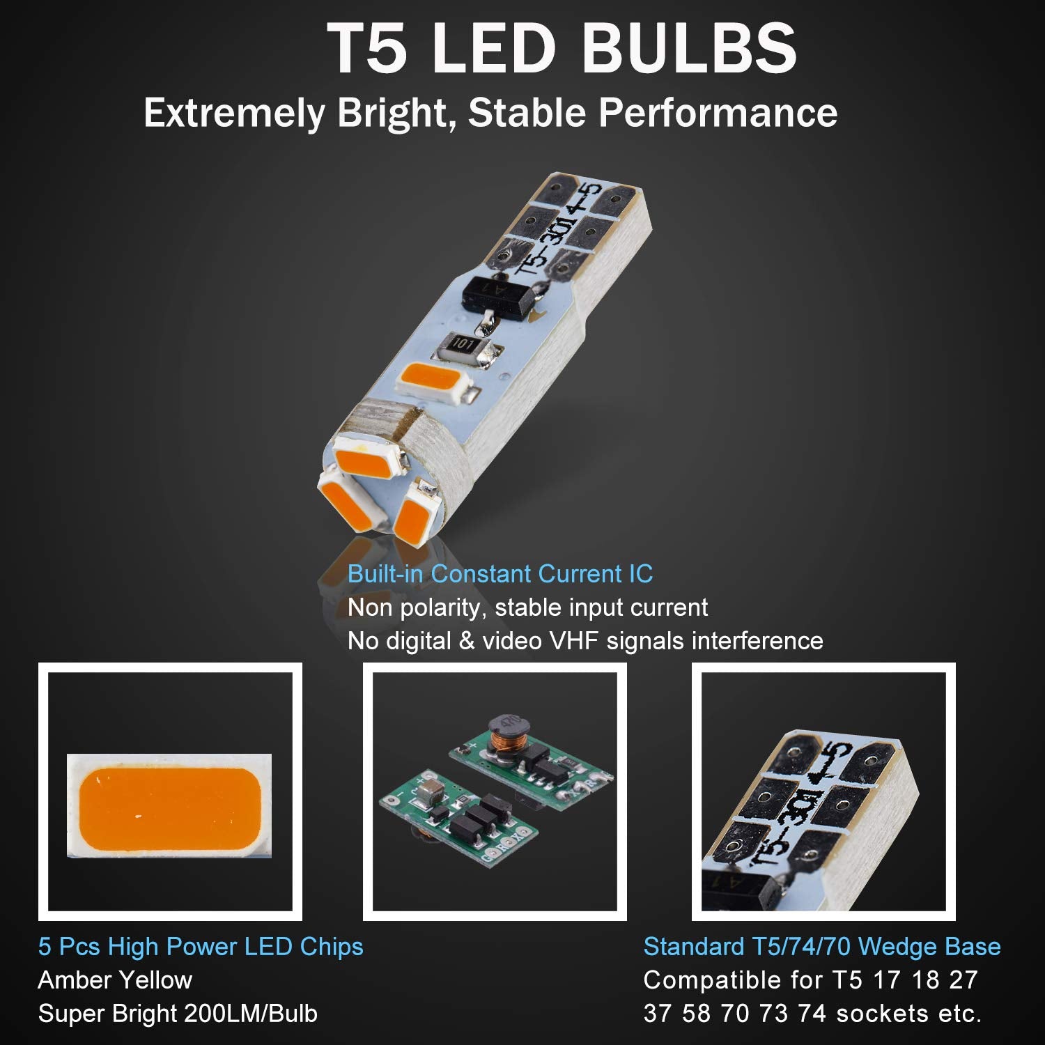 Brishine T5 37 74 2721 Led Bulbs Amber Yellow With Twist Lock Socket, Canbus Error Free Pc74 Pc37 882 Dashboard Instrument Panel