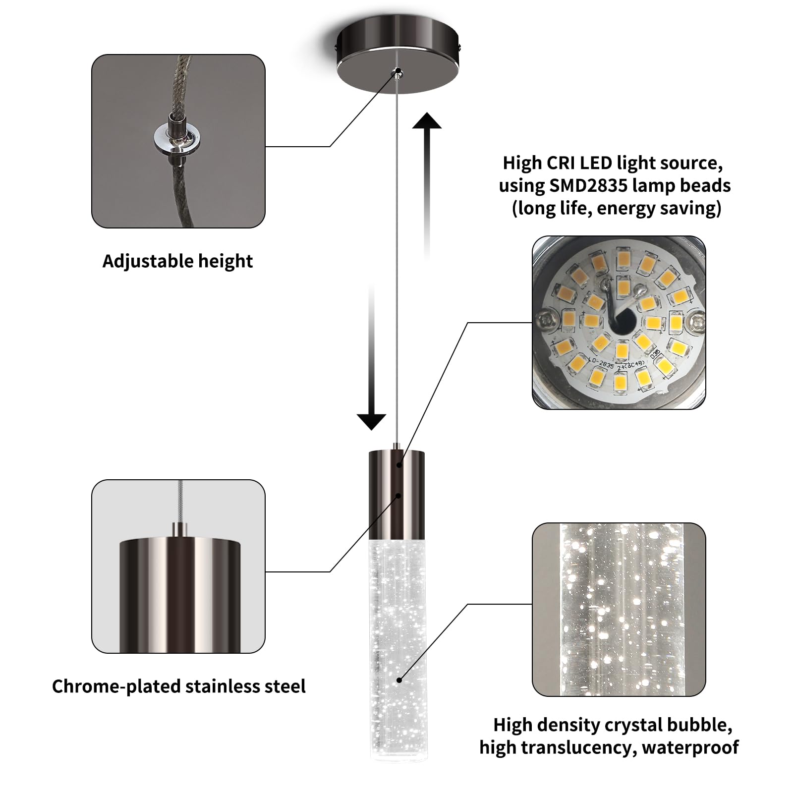 Okeli Black Led Bubble Crystal Pendant Lights, 3Pack For Kitchen Island, 6W, Etl Certified