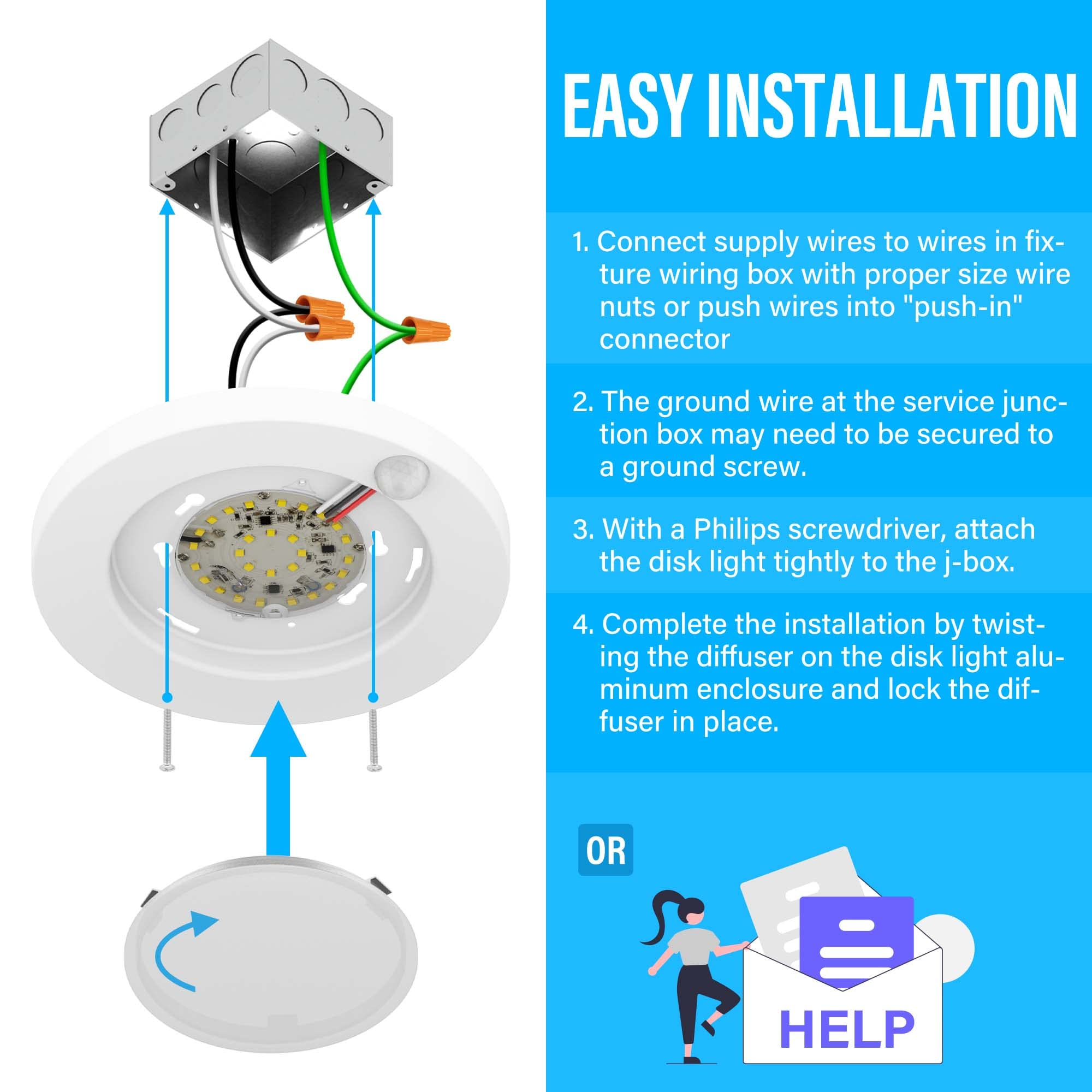 Zago Led 6 Inch 120 Volts Closet Light Wired, Pir Motion Sensor Ceiling Disc Light, 15W, 980 Lumens, Cri>80, 5Cct Switchable For