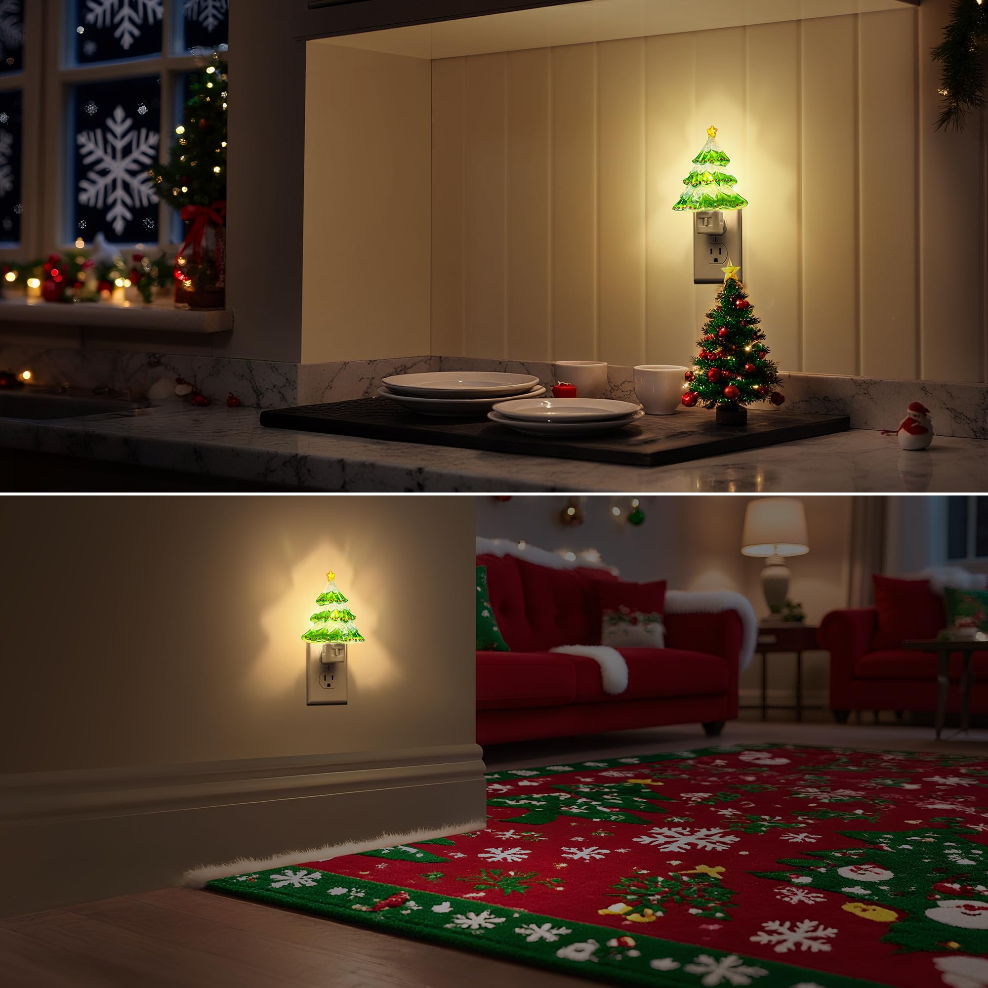 DORESshop Christmas Tree Night Light, 3000K, 2 Pack, Warm White, Plug-in with 360° Rotation, Cute Holiday Decor for Kids