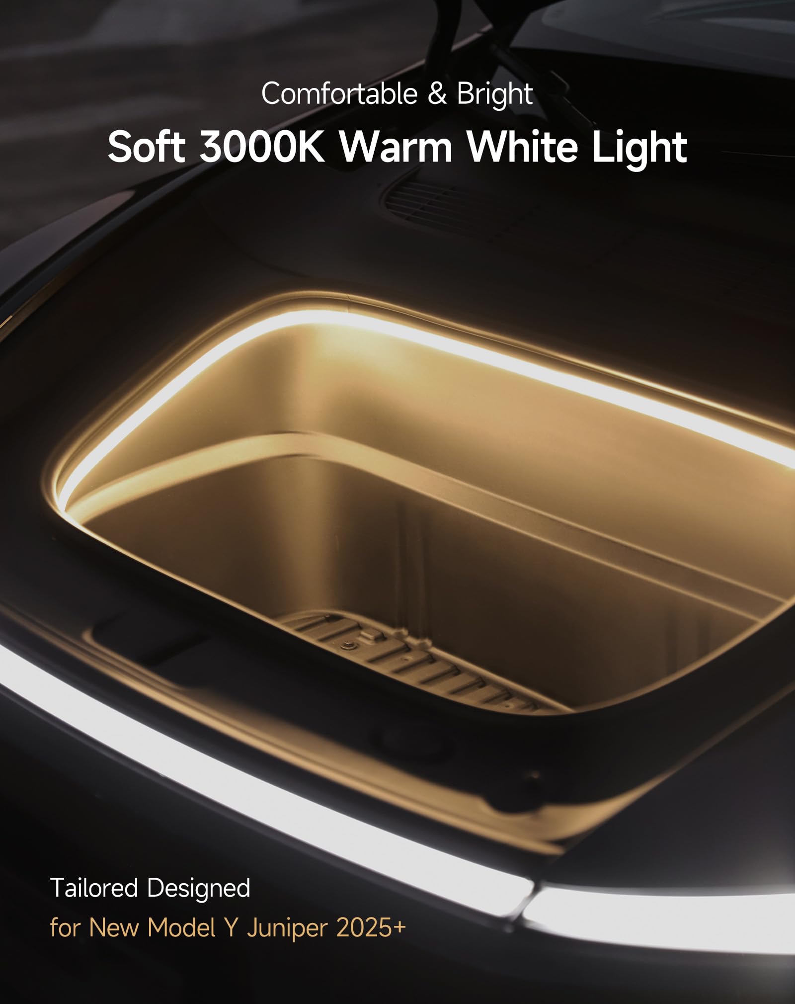 TPARTS Frunk LED Light Strip for Tesla Model Y Juniper 2025+, 3000K Warm White, Flexible Silicone, Tool-Free Installation