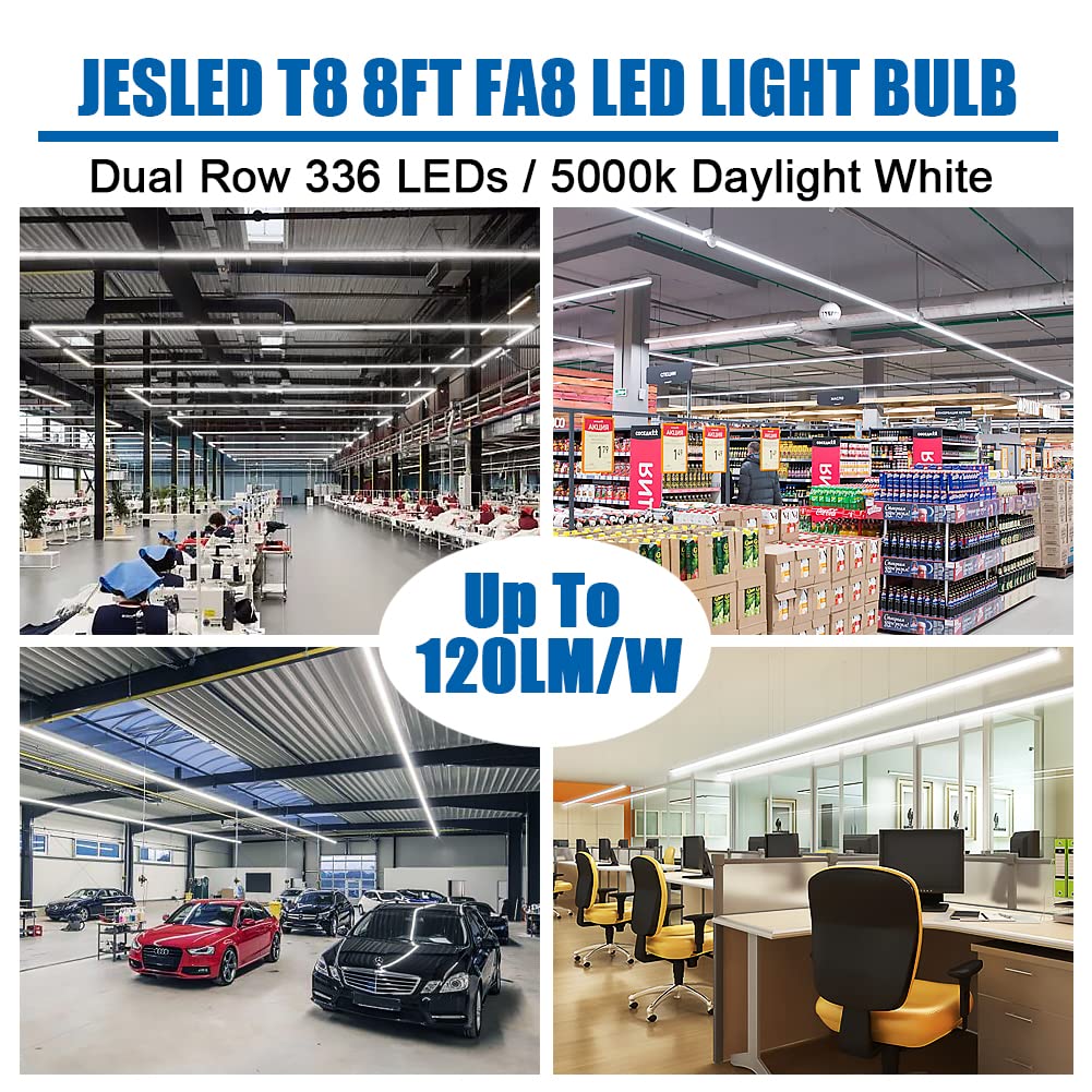 Jesled 8Ft Led Bulbs, Single Pin Fa8 Base, 50W (130W Equiv.), 5000K Daylight, 6000Lm, 8 Foot T8 T10 T12 Led Tube Lights, 96'' Le