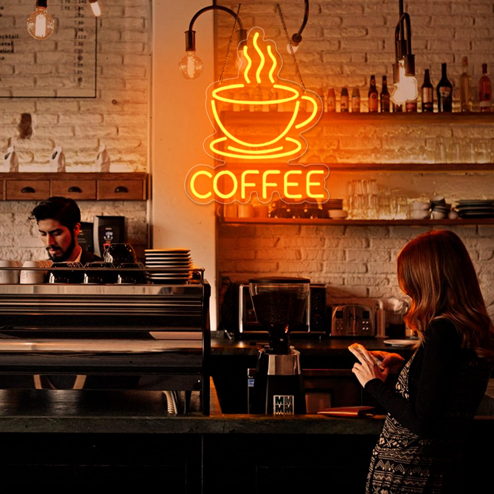 Basaneon Dimmable LED Coffee Neon Sign, USB Powered, Acrylic, 15.7x12.8 inches, Color B-COFFEE, Model ZF-COFFEE