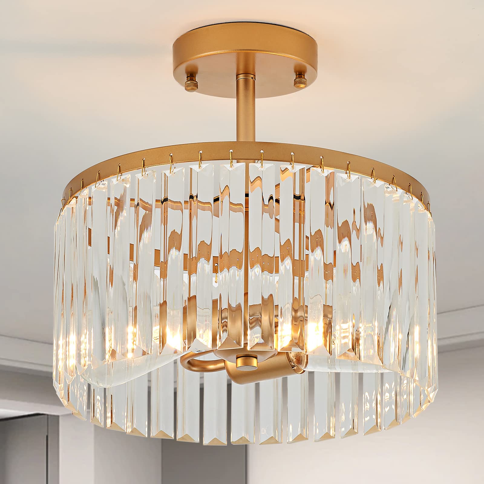 Lighceac 12 Gold Semi Flush Mount Crystal Ceiling Light Fixtures For Kitchen Modern Industrial 2-Light Small Chandeliers Lighting For Bedroom Entryway Hallway Living Dining Room Foyer