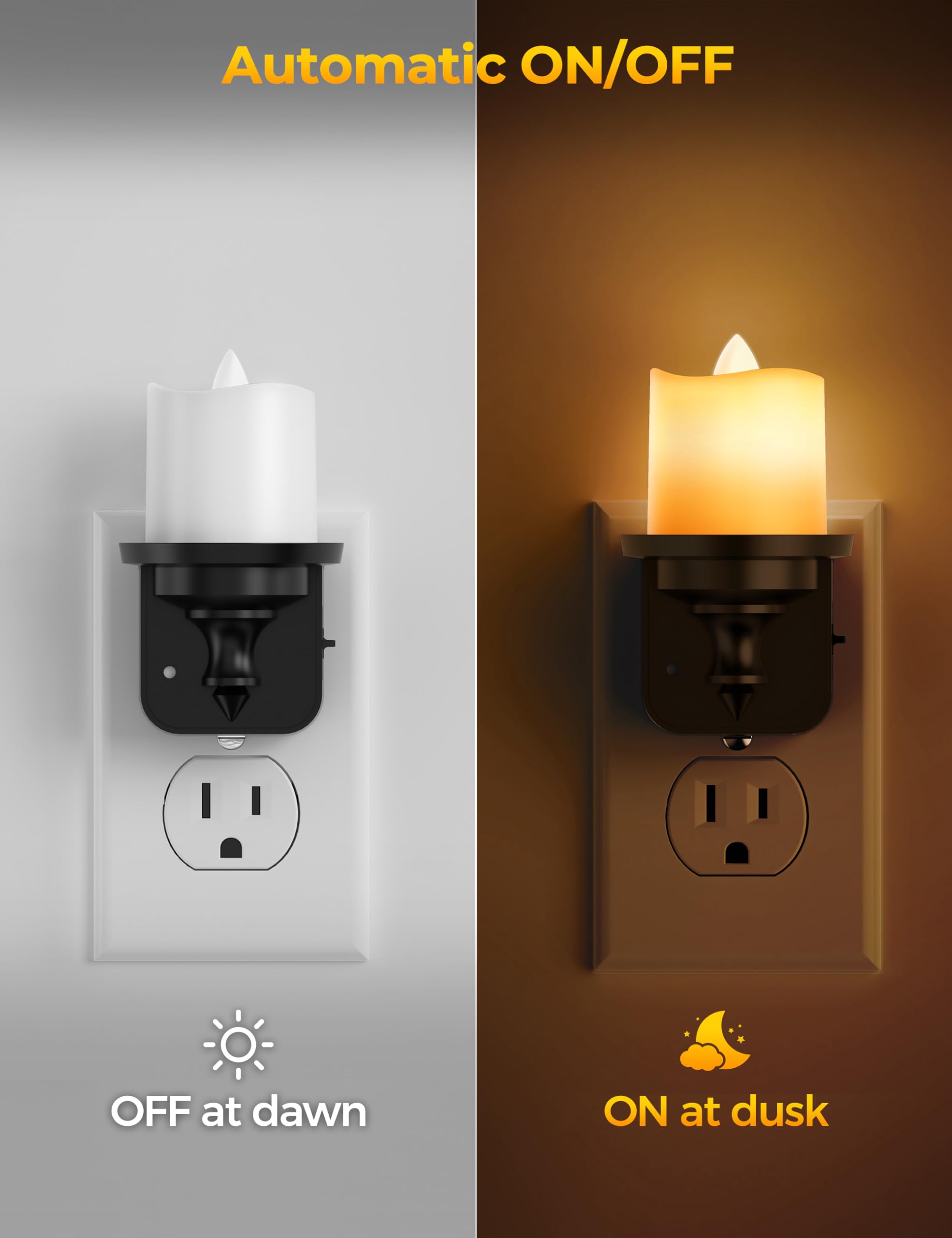 Briignite Flameless Candle Night Lights, Amber Plug-In 2 Pack, Led Candle With Light Sensor, 0-100Lm Dimmable, Kids Hallway Bath