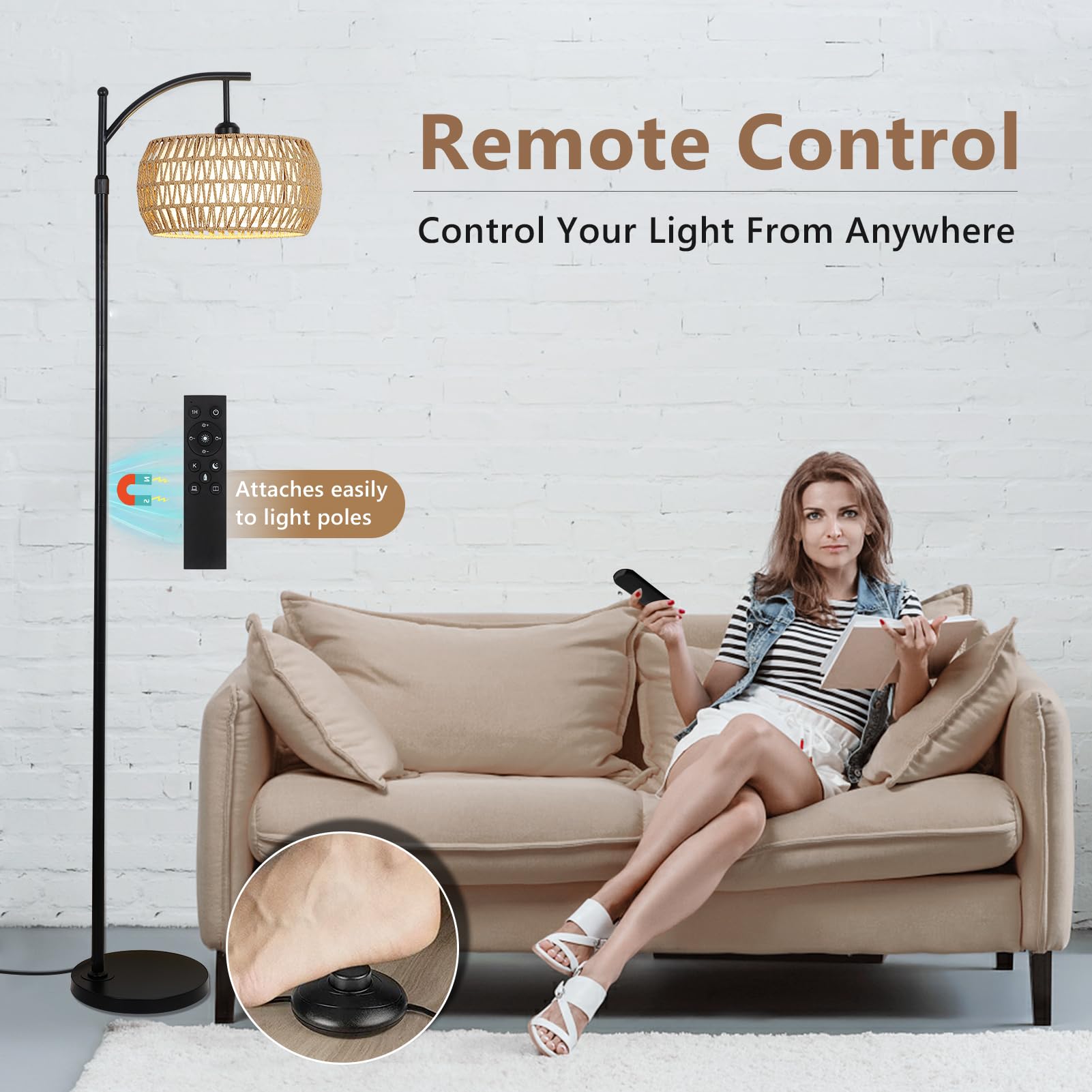 Arc Floor Lamp With Remote Control, Dimmable Led Floor Lamp With 3 Color Temperature, Black Standing Lamp With Rattan & Fabric D