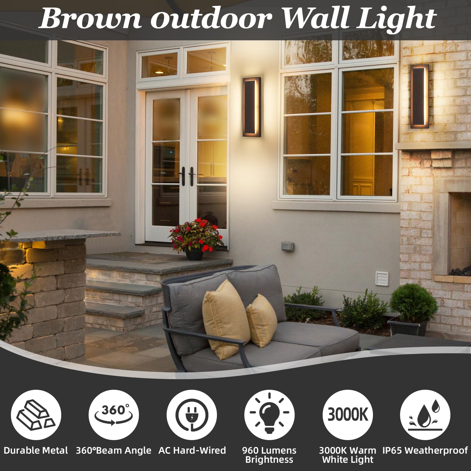 ZSMAIKU 15.7'' Outdoor Wall Light, Brown Iron Sconce, Modern Design, 12W LED, 2 PCS