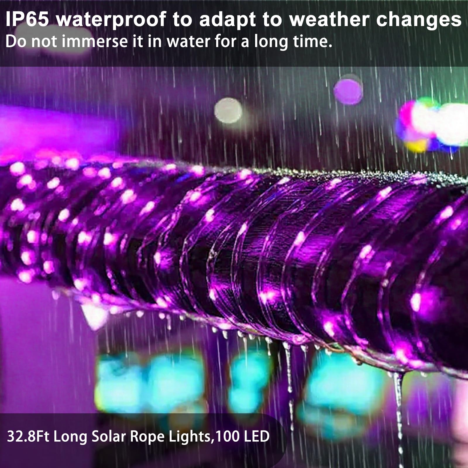 LiyuanQ Solar Rope Lights - 100 LED, 33FT, Purple, 8 Lighting Modes, Waterproof, Halloween Decoration