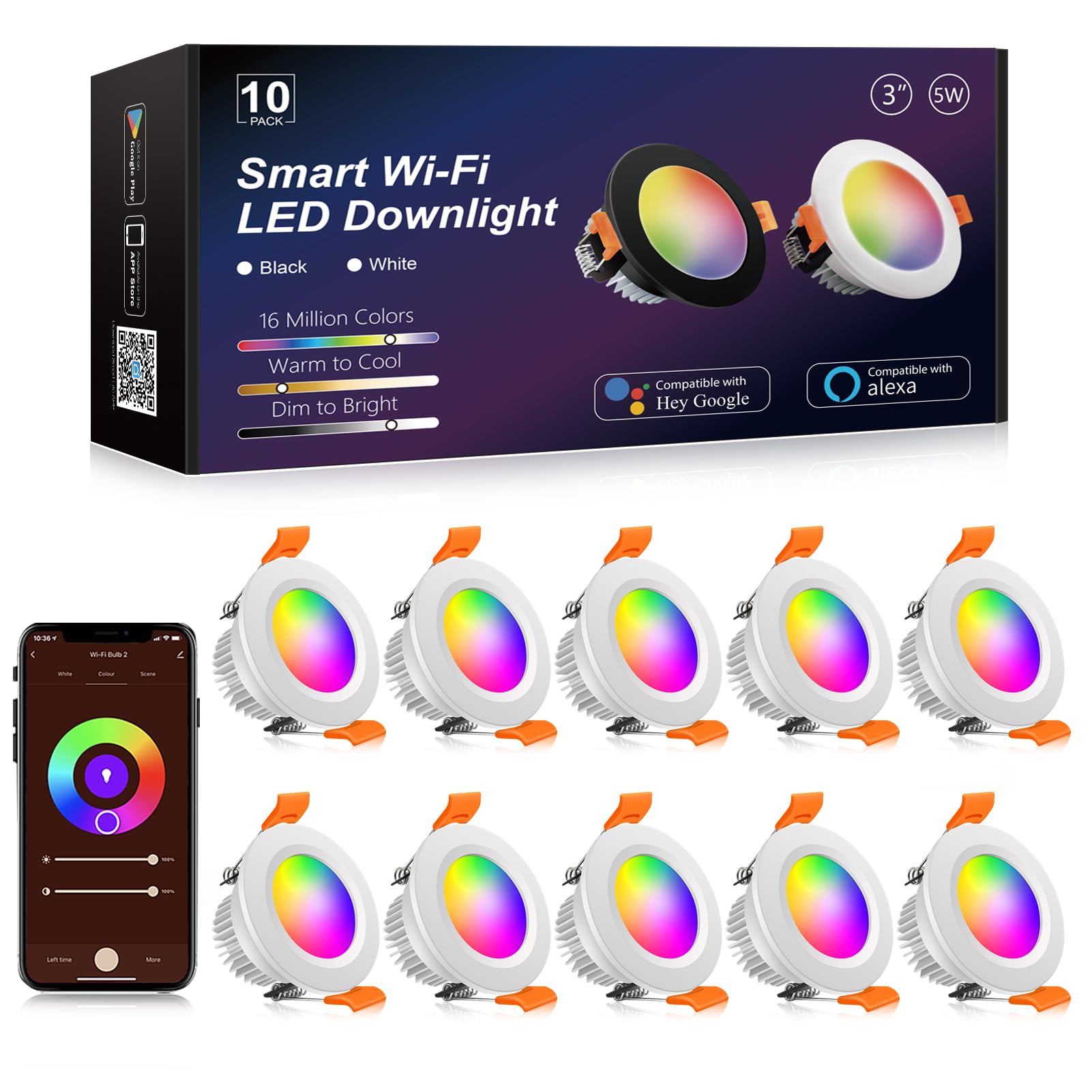 YGS-Tech Smart 3 Inch Recessed Lighting, WiFi LED Downlight, Dimmable RGB, 10 Pack, Aluminum, Black Trim