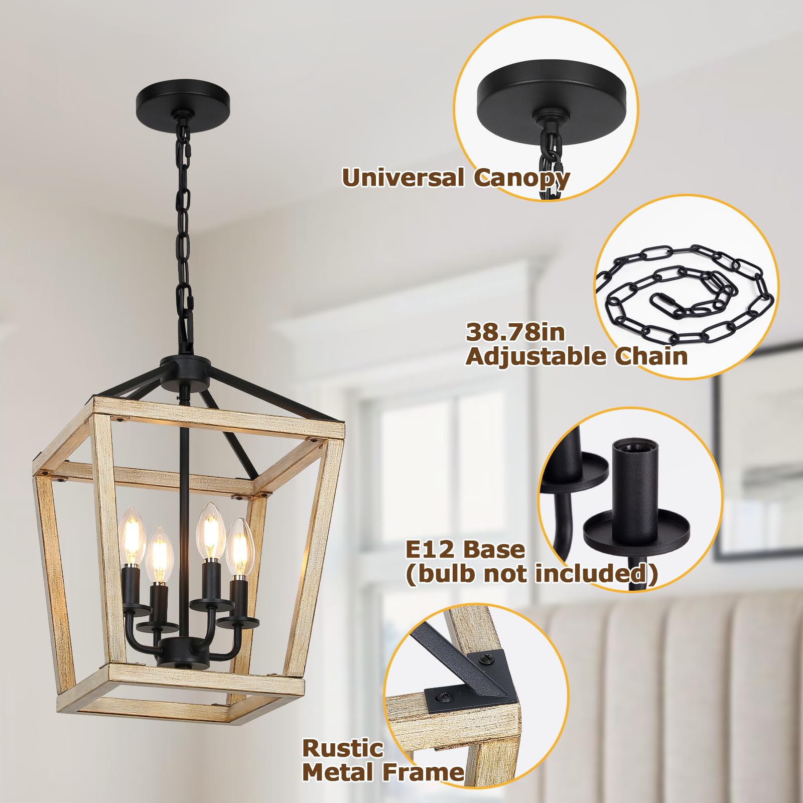 Seaside Village 4 Light Chandelier, Brushed Rustic Oak, Adjustable Height, Geometric Metal Cage for Kitchen Island, Dining Room, Living Room