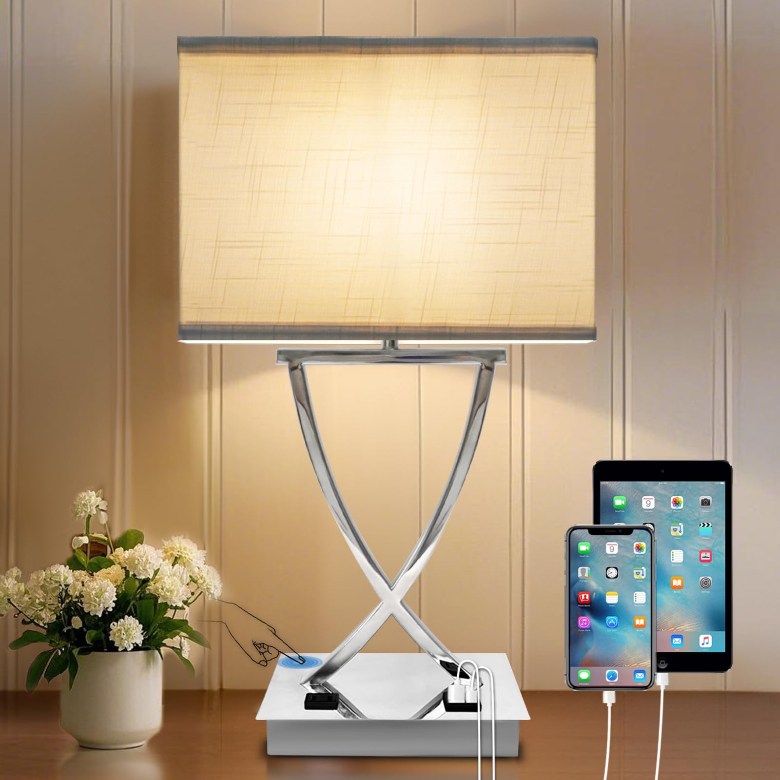 OYedis 21.38'' Table Lamp for Bedroom Living Room 3-Way Dimmable Touch Control Medium Chrome Bedside lamp with USB A+C Ports