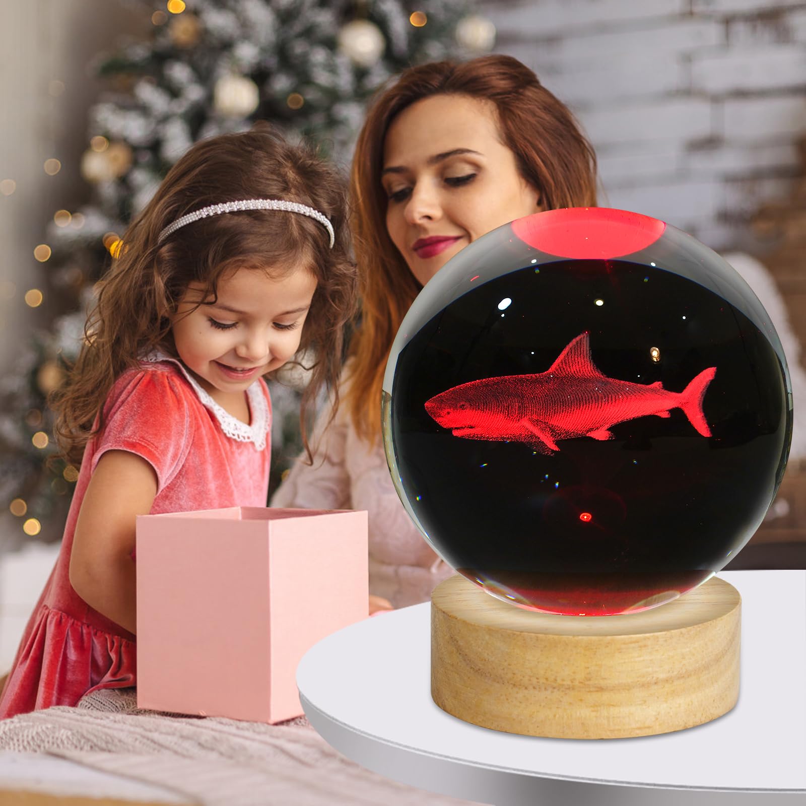 ZXBLAQ 3D Shark Crystal Ball Night Light, 3.15" Glass Lamp with 16 Color LED Base, Perfect Gift for Kids and Friends