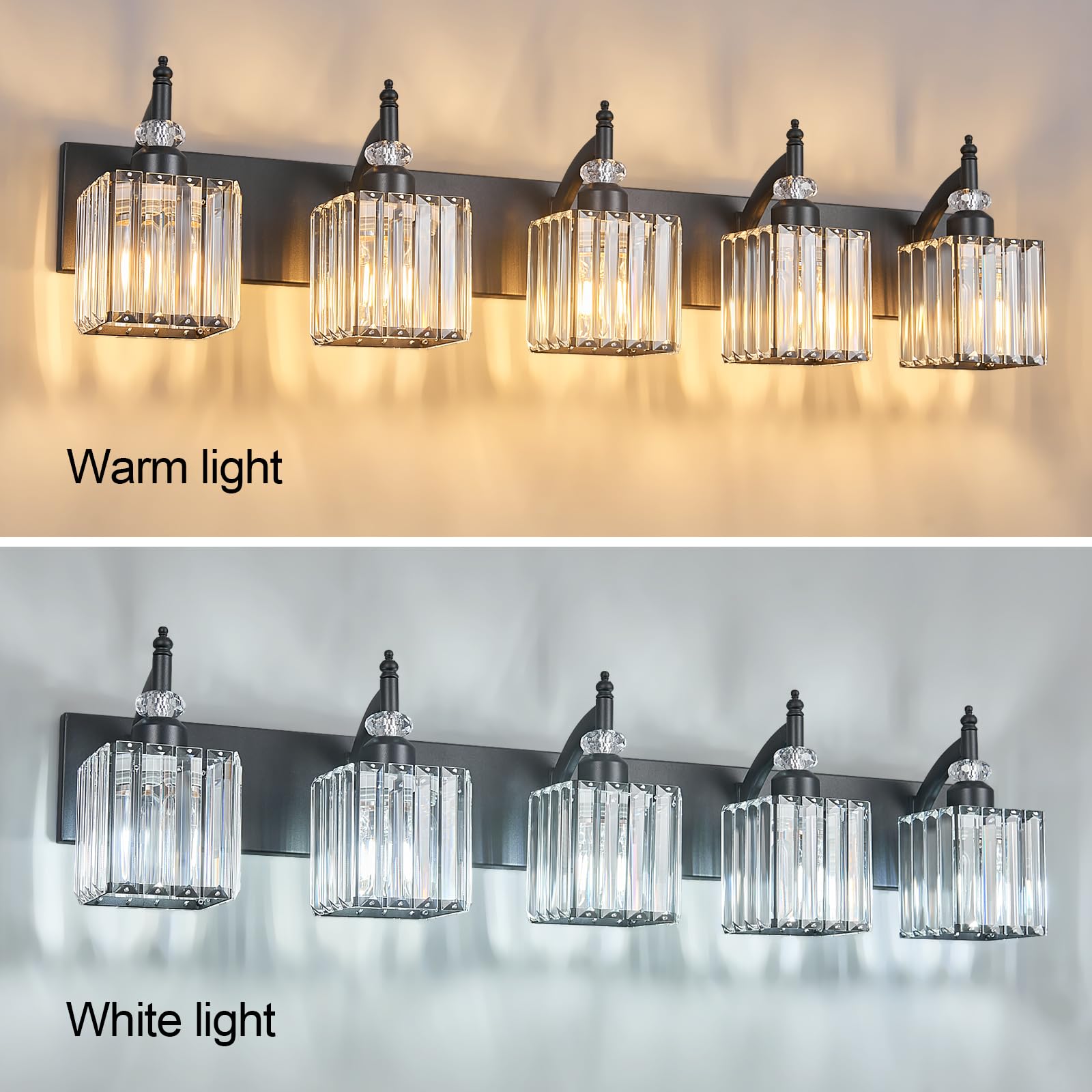 BBLLWJ Crystal Vanity Light Fixture - 5-Light Black Modern Bathroom Lighting, Model 655