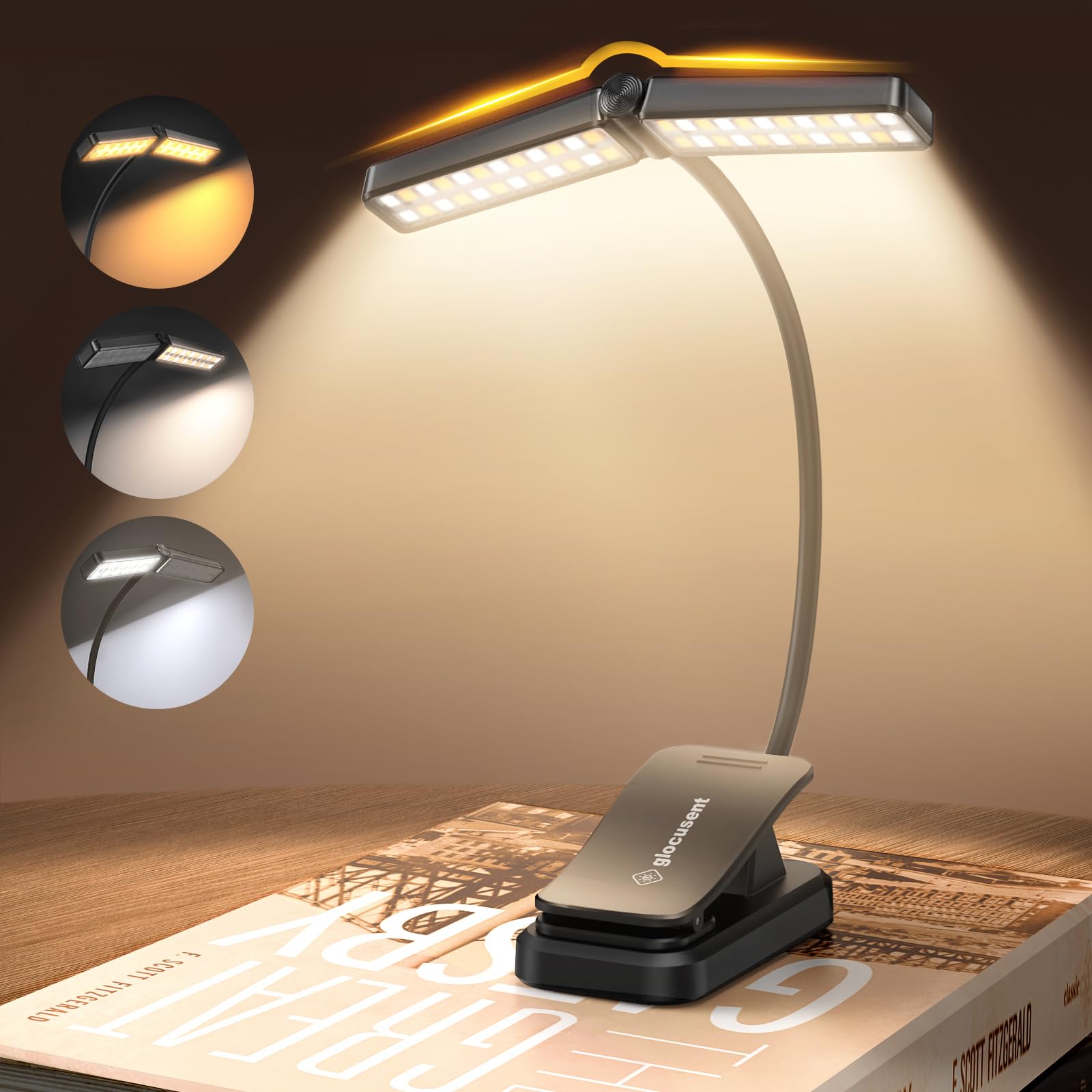 Glocusent Wingy Book Light, 48 LED Reading Light with Timer & Sleep Aid, 2-Switch, 5 Brightness & 3-Color Adjust, Rechargeable C