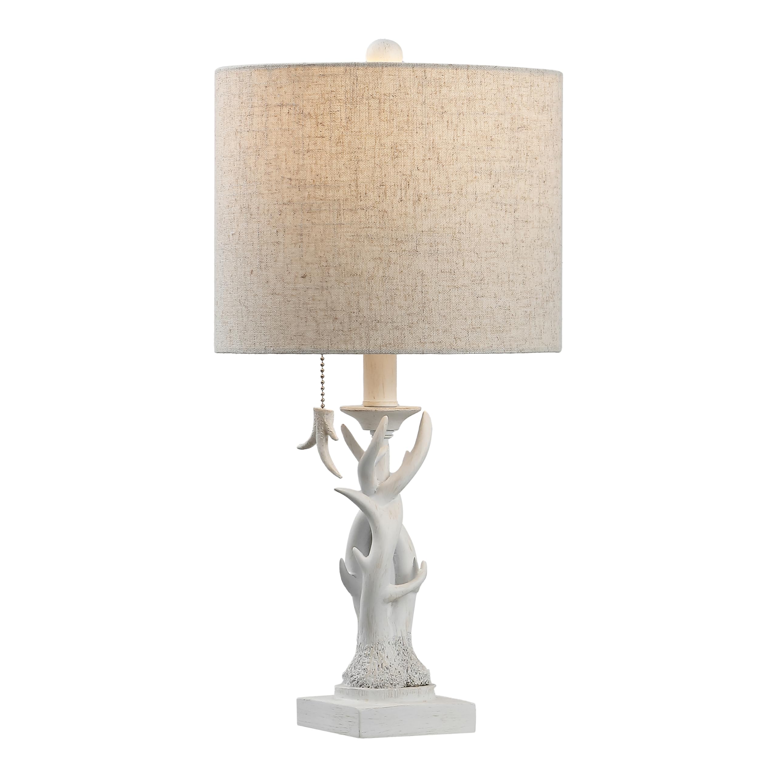 JONATHAN Y 20.5 Antique White Rustic Antler Table Lamp for Bedroom Farmhouse Decor, Mini Faux Antler Desk Lamp with Gray Linen S