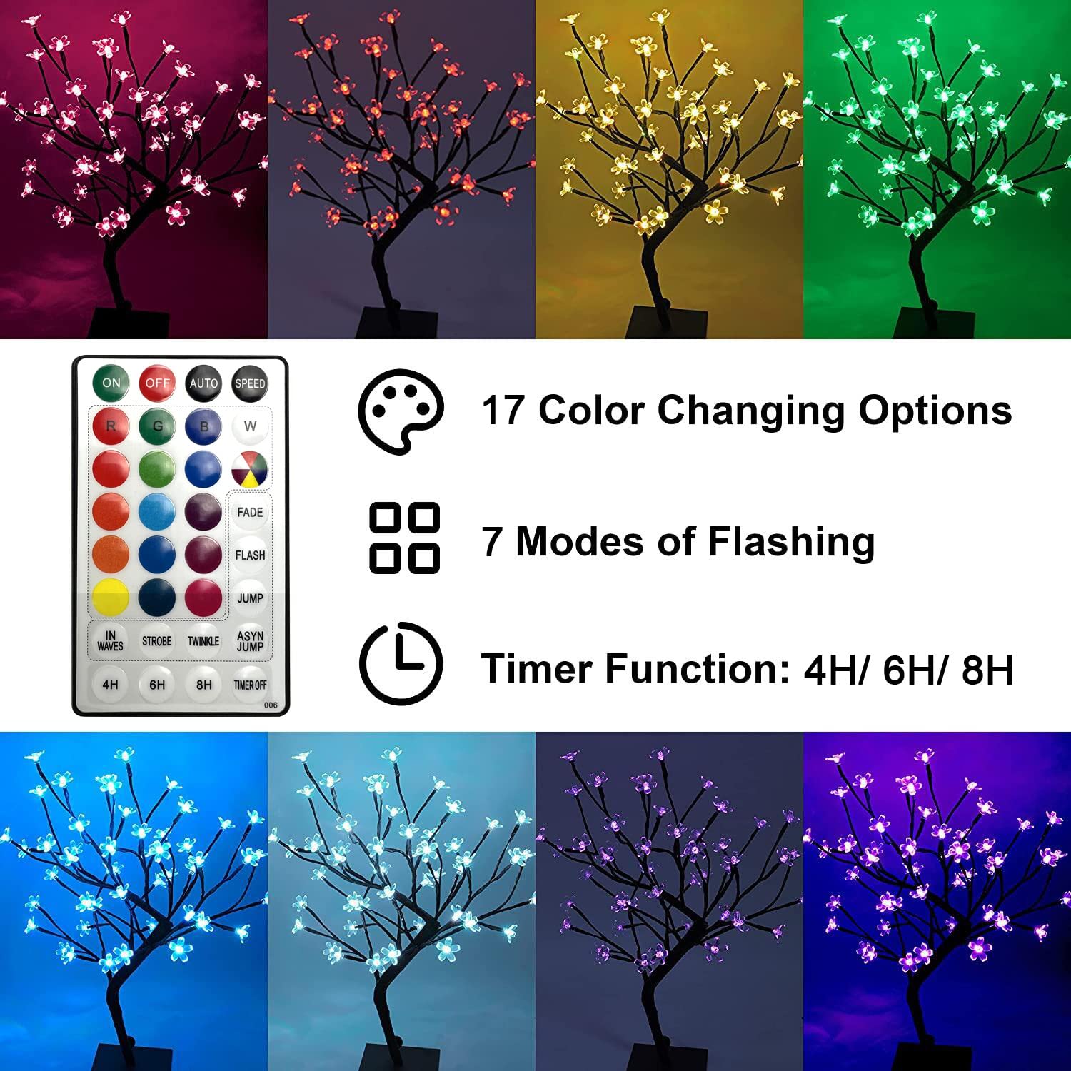 LIGHTSHARE 18" Cherry Blossom Bonsai Tree with 48 RGB LED Lights, Remote Control, 16 Color Modes, Metal Base, 24V Adapter