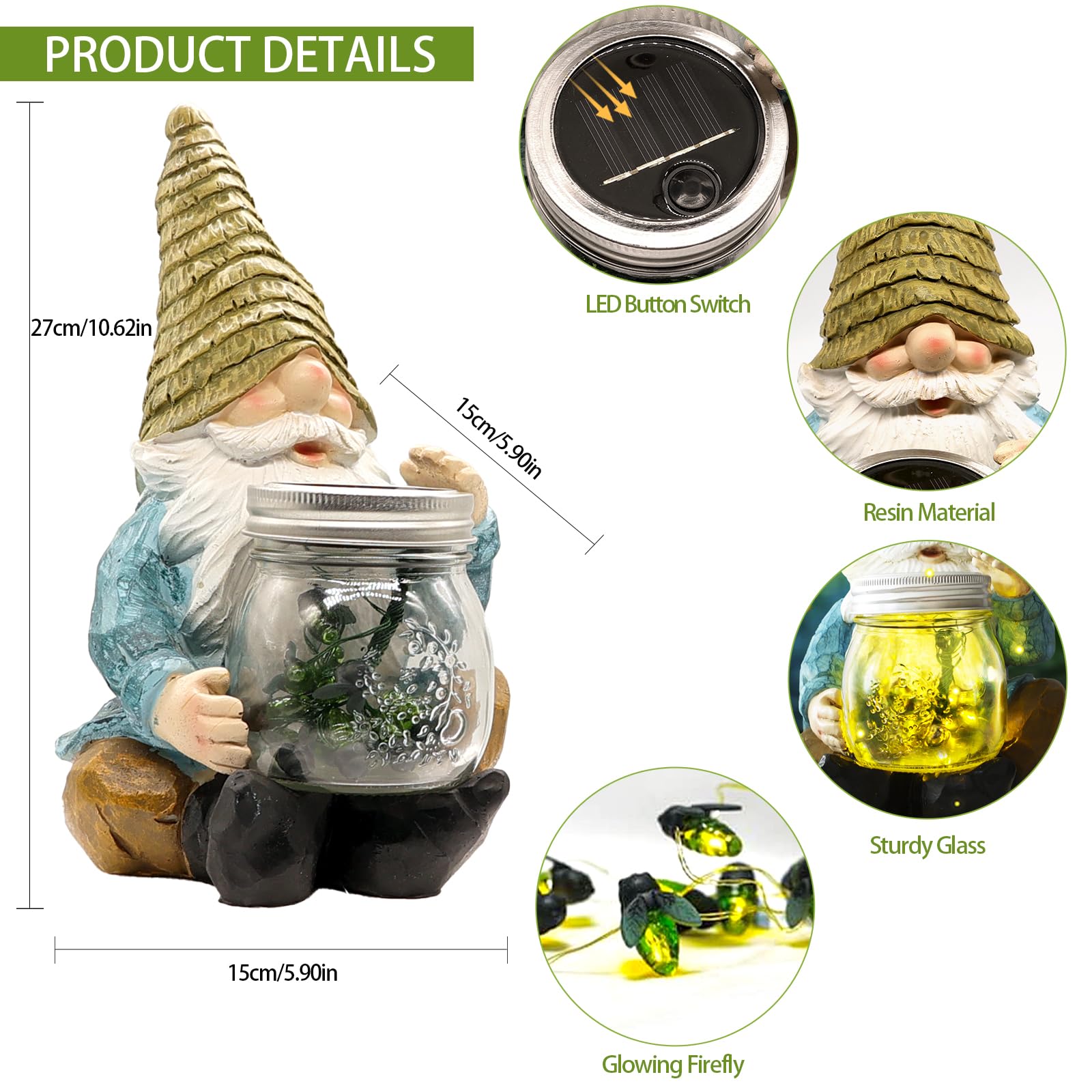 Vcdsoy Solar Firefly Jar Gnome Waterproof -Solar Outdoor Led Lights Resin Garden Gnome Statues Decor 10.6'' Lantern Figurines De
