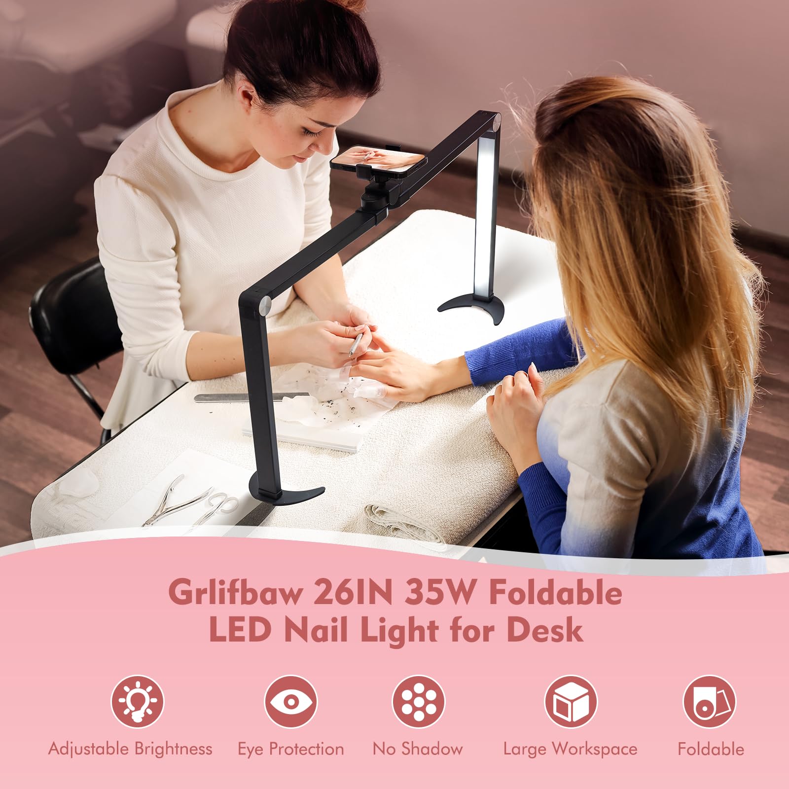 Grlifbaw Upgraded Foldable Nail Lamp for Desk, Large Nail Tech Light with Phone Holder, Half Moon Led Light 3 Modes 3000K-5600K