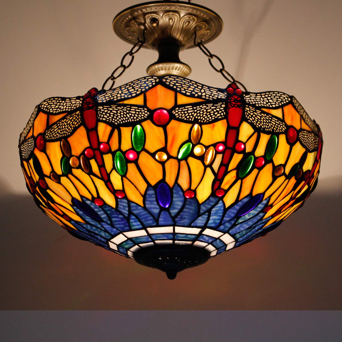 WERFACTORY Tiffany Ceiling Light Fixture, Stained Glass Dragonfly, 16in Wide, 15in Height, Orange Blue, S168 Series, Semi Flush Mount Lamp
