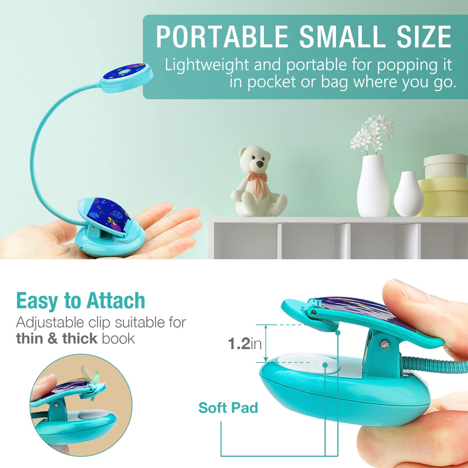 Vekkia Cute Rechargeable Book Light,Eye Caring Reading Light For Kids Clip On, 3 Colors & 3 Brightness, 1.8Oz Super Light Weight