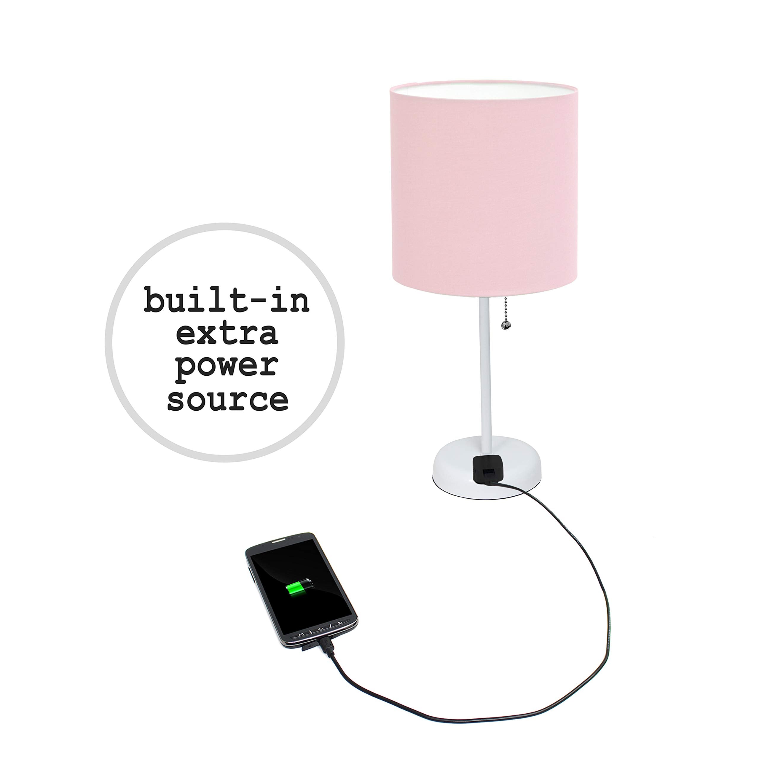 Limelights Lc2001-Pow-2Pk White Stick Table Lamp With Charging Outlet & Fabric Shade44; Pink - Set Of 2