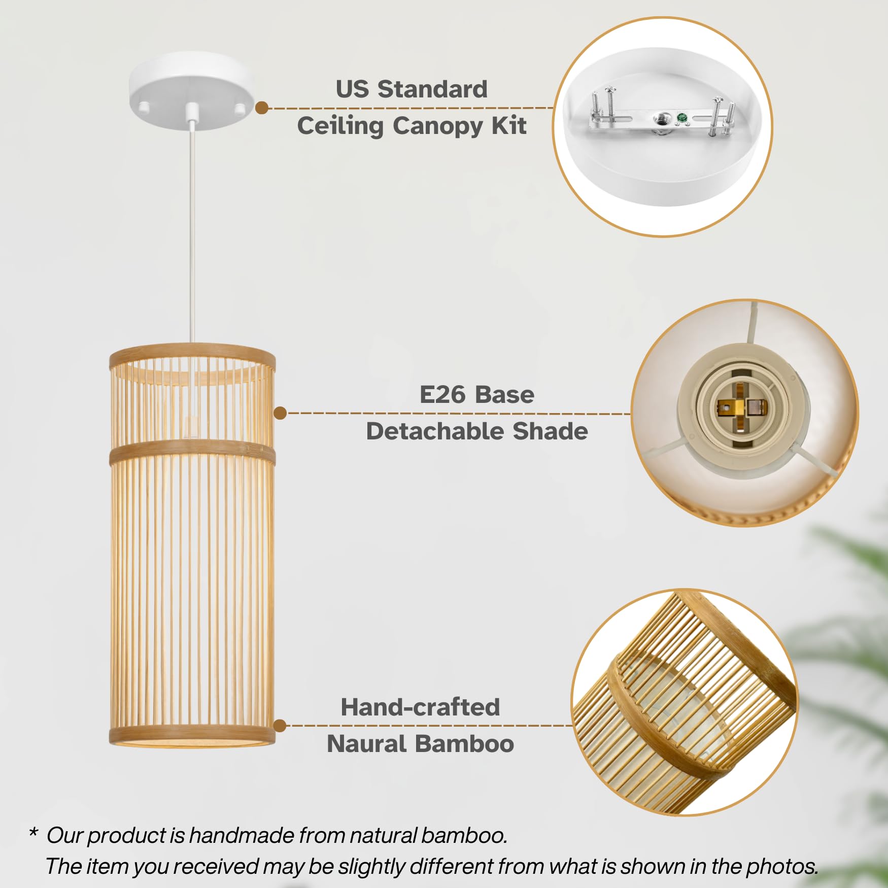 2 Pack Bamboo Pendant Light - Mini Pendant Lights Bedroom - Natural Hand-Woven Bamboo Light Fixture For Home Decor