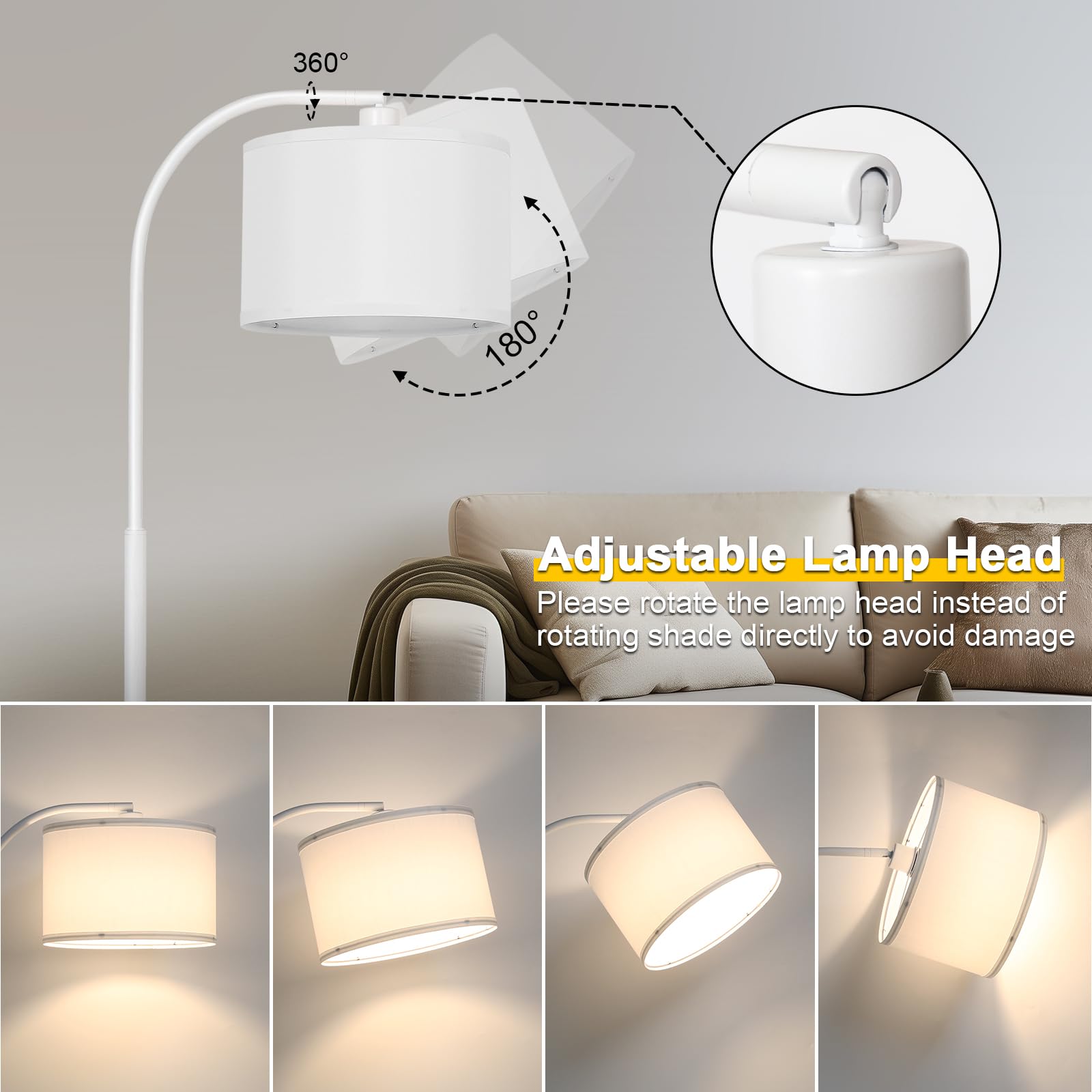 Floor Lamps For Living Room, White Arc Floor Lamp With Stepless Dimmer, Modern Standing Lamp With Adjustable Drum Shade, Tall Po