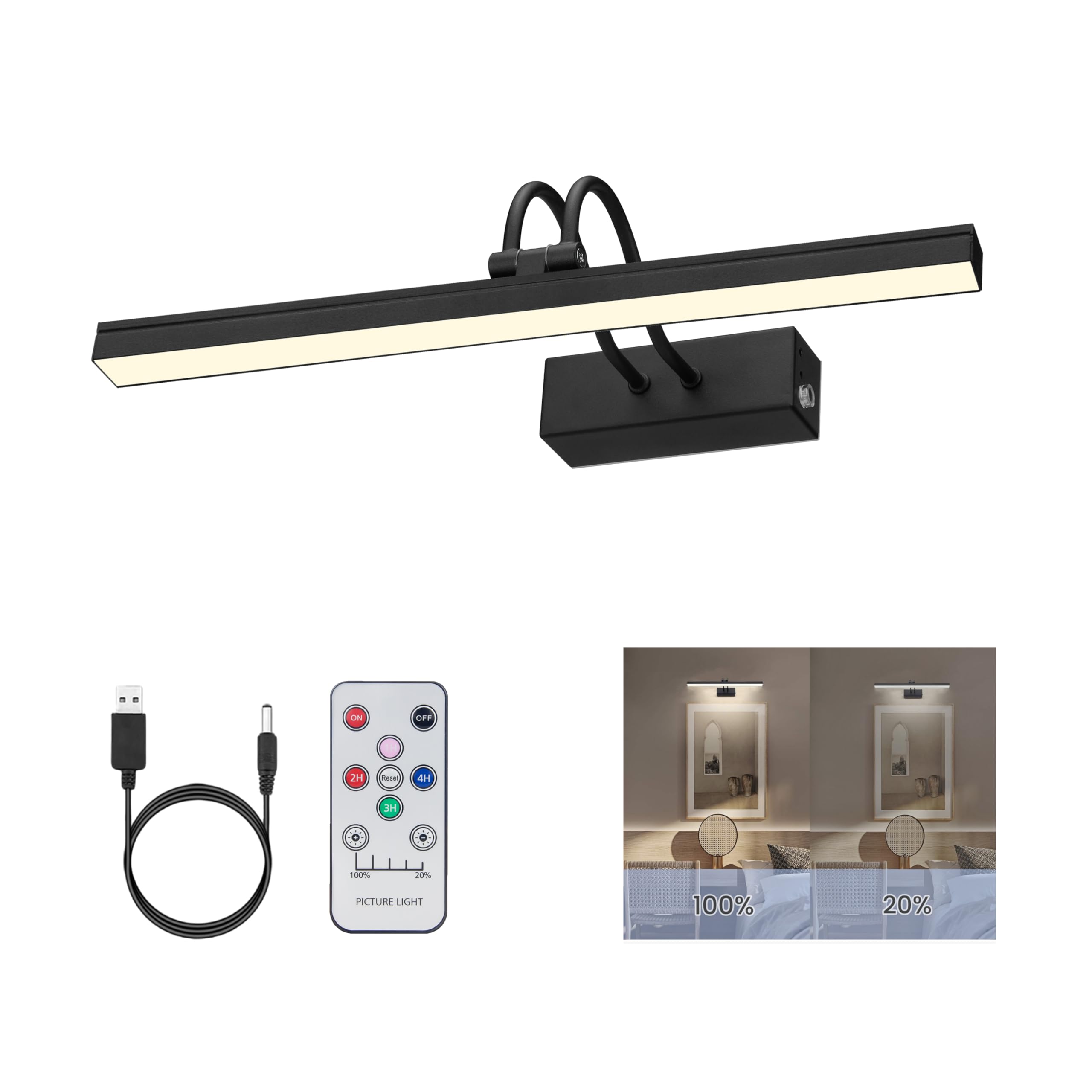 FUNCHDAY Picture Light Rechargeable, Wireless Picture Lights for Wall with Remote, 280LM Dimmable Timer Set Gallery Light, 13inc