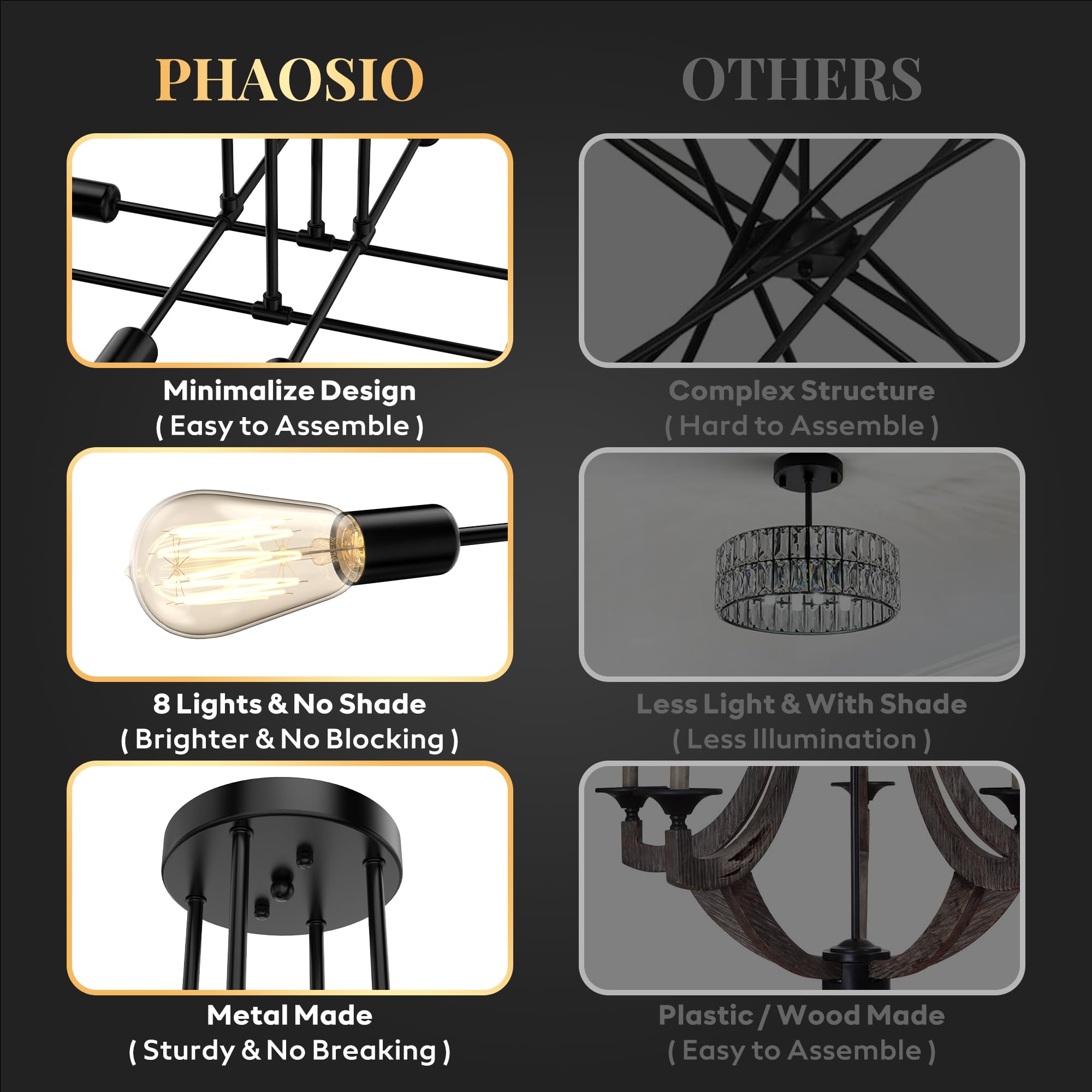 Phaosio Modern Sputnik Chandelier Ceiling Light Fixtures, 8-Lights Mid Century Industrial Metal Semi Flush Mount For Dining Room