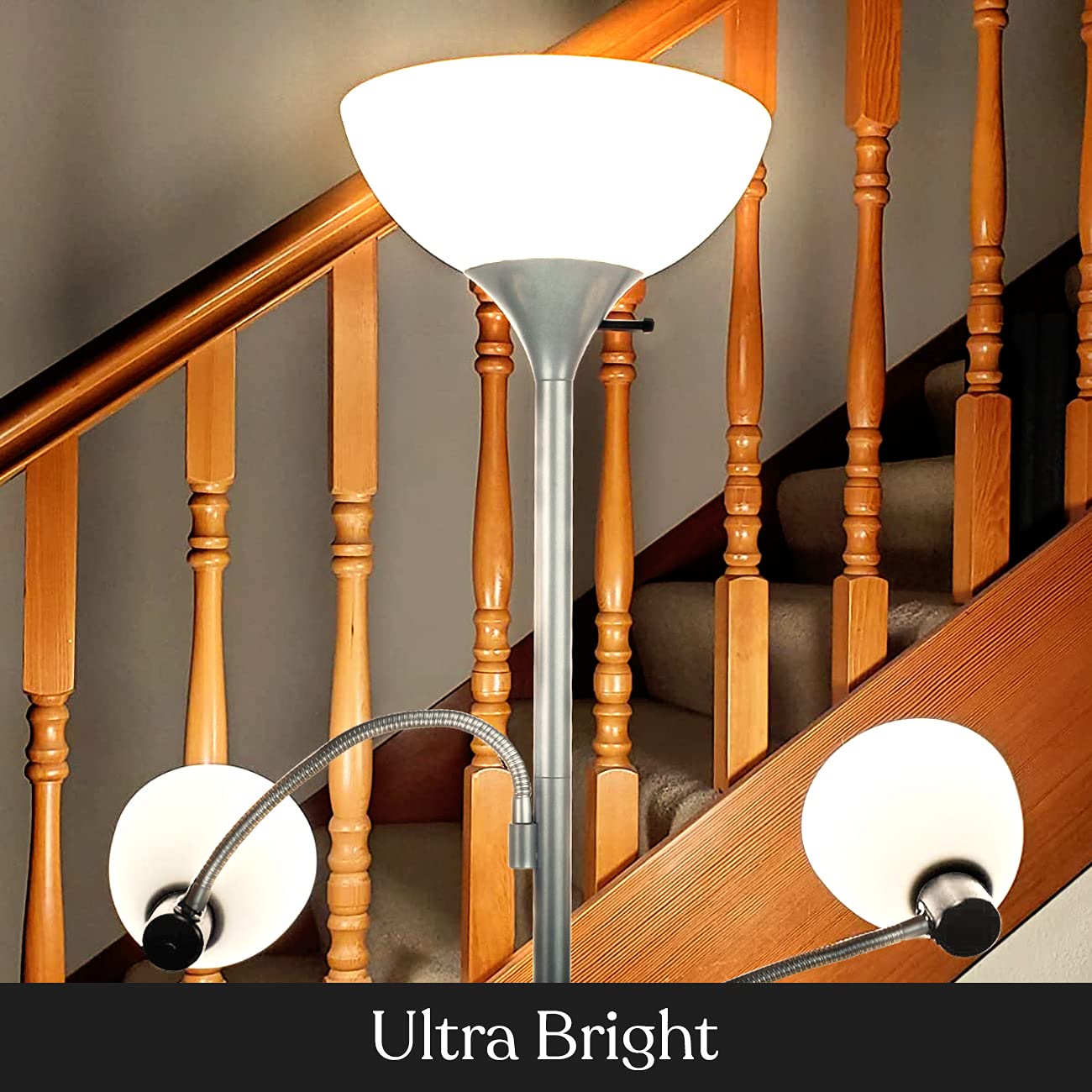 Brightech Sky Dome Double LED Floor lamp, Torchiere Super Bright Floor Lamp with 2 Reading Lamps for Living Rooms & Offices - Di