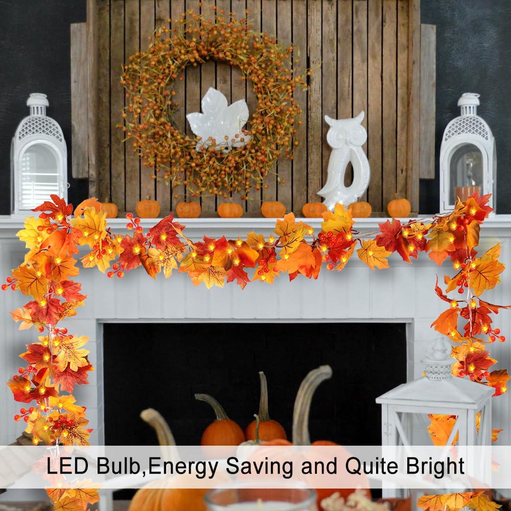 Thanksgiving Decorations Fall Garland String Lights With Timer And Remote, 50 Led 16.4Ft Lighted Autumn Leaves Garlands Decor, Battery Operated Fall Lights For Home Decoration Party Indoor Mantle