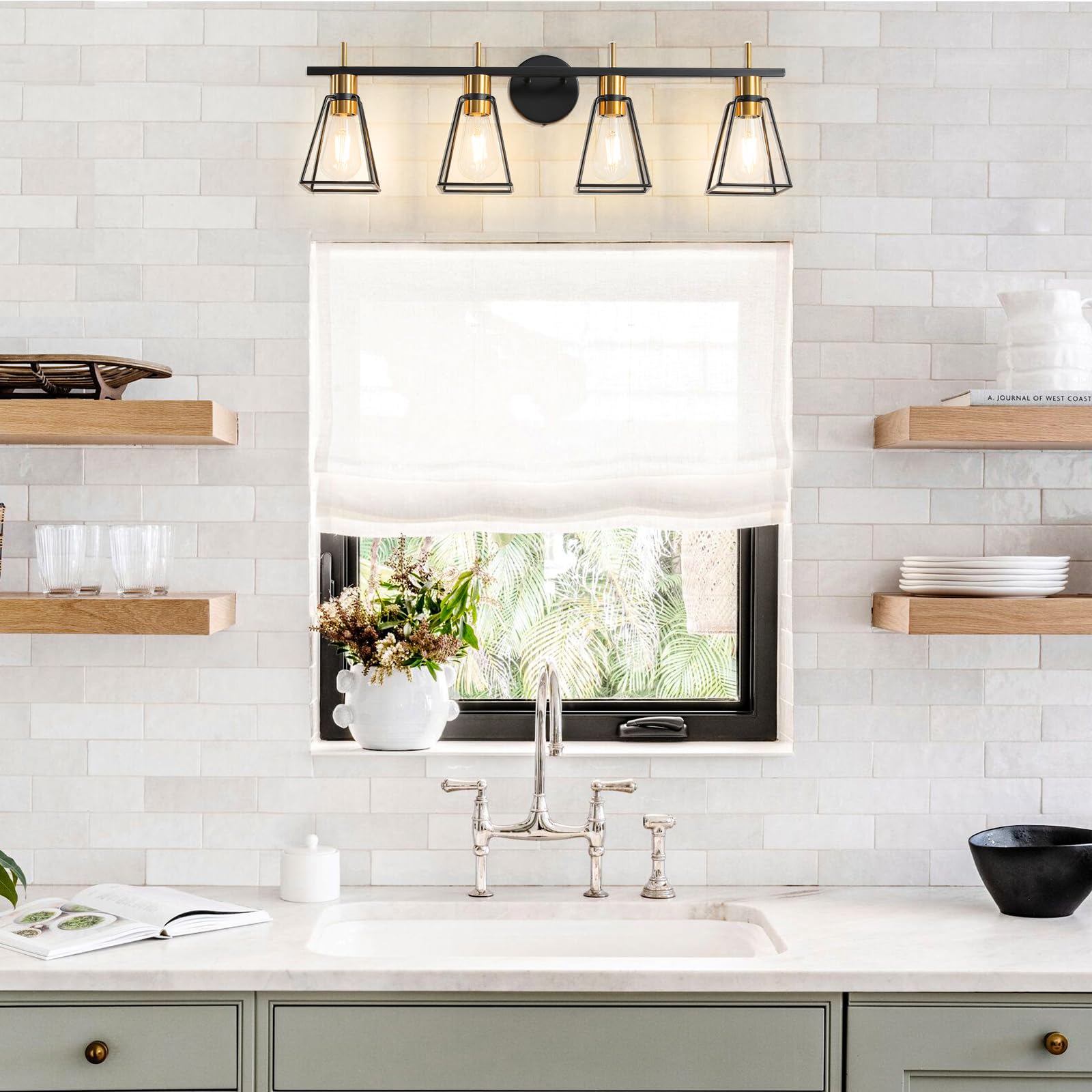 HAHZT Industrial Bathroom Vanity Lights - 4-Light Black & Gold Metal Cage Sconce for Rustic Farmhouse Style