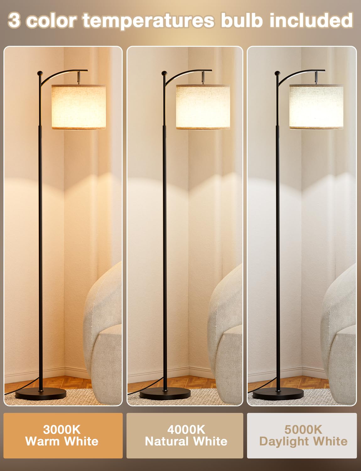 Ambimall 60&quot; Adjustable Floor Lamp With 3 Color Temperatures & Linen Shade - Beige & Black