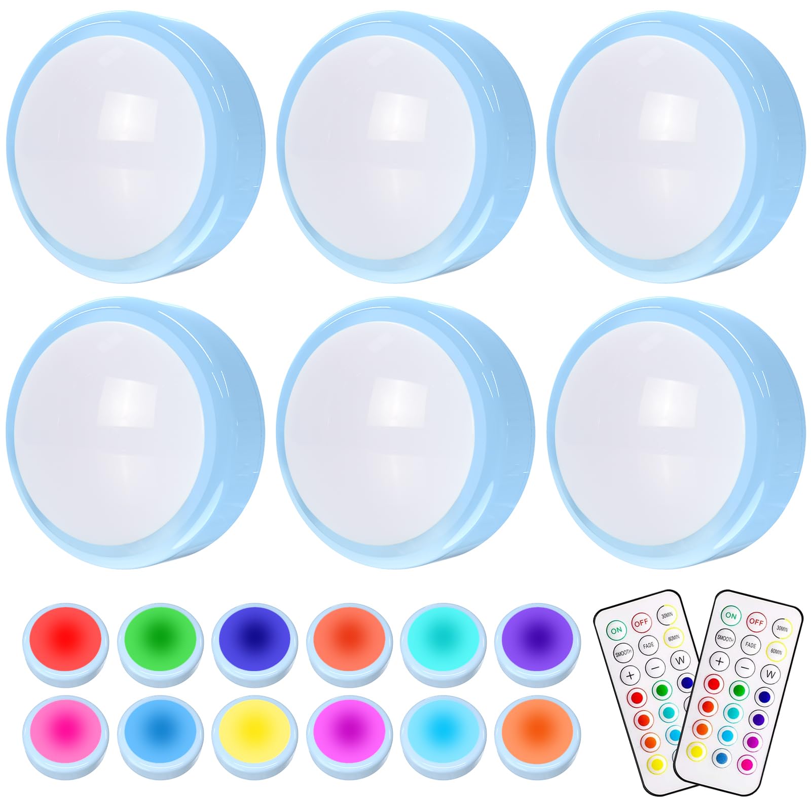 HELPLEX LED Puck Lights, 6 Pack RGBW Color Changing, Dimmable, Battery Powered, 3 inches, Blue, Model HELPLEX