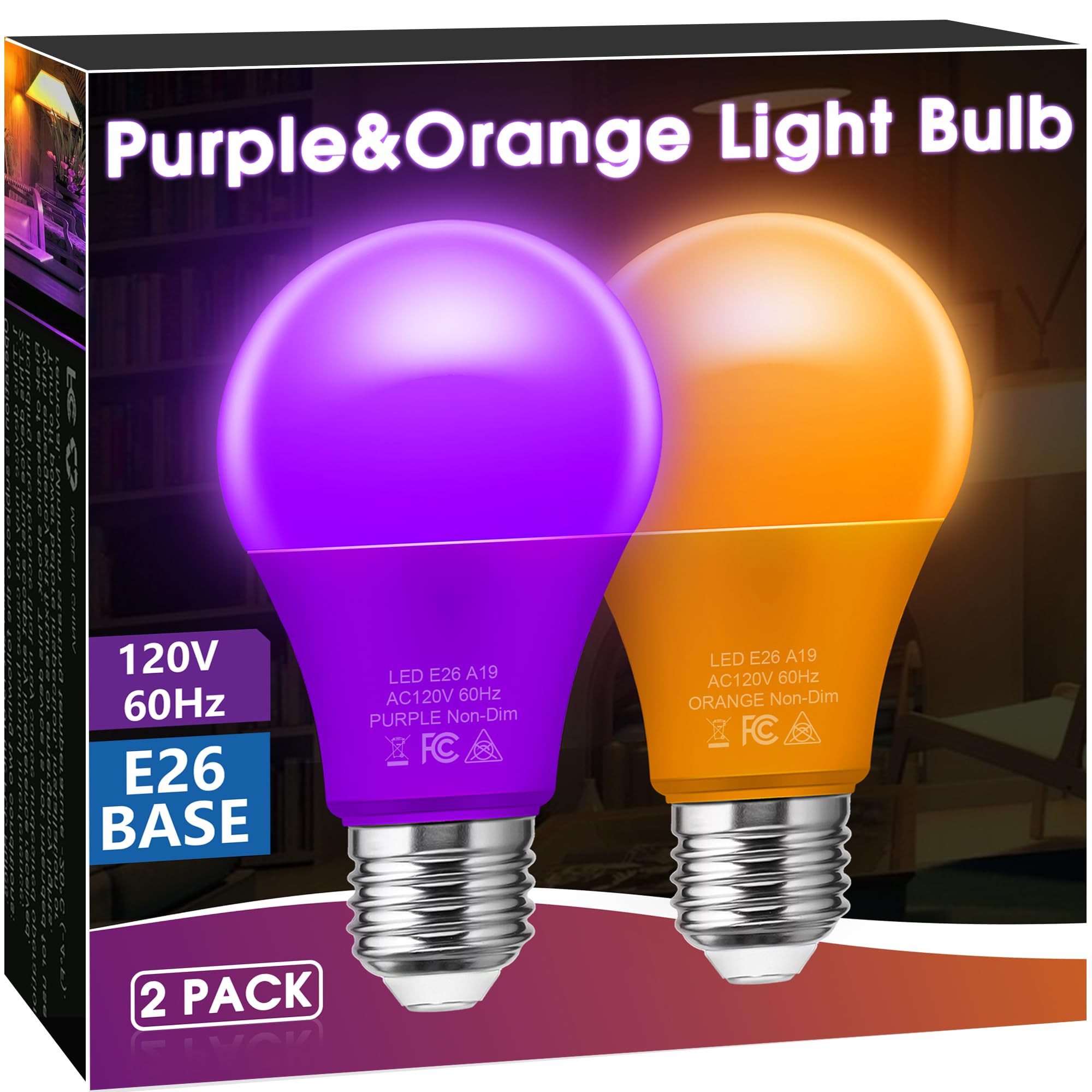 Orange Purple Light Bulbs [2 Pack], A19 Led Orange And Purple Bulb Outdoor, Halloween Light Bulbs, 9W (60 Watt Equivalent) - E26