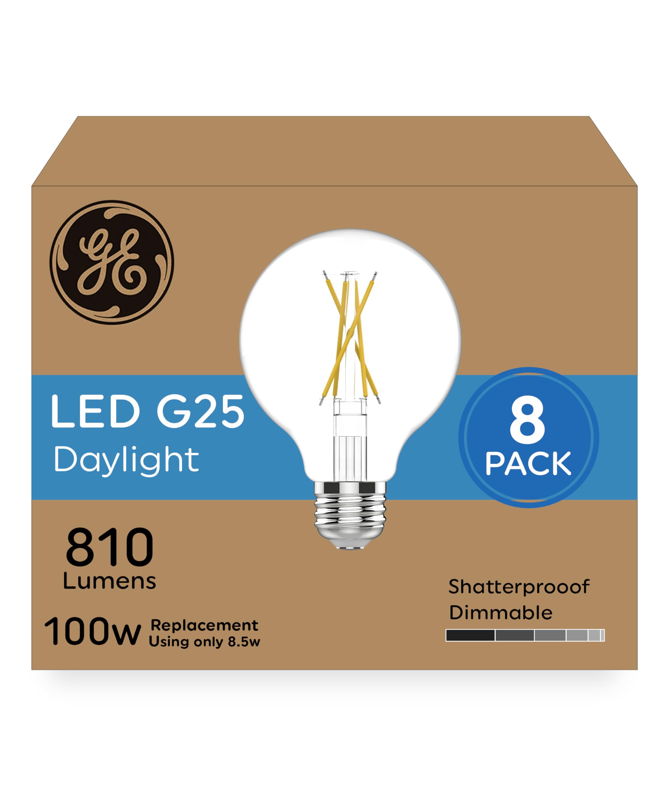 GE Ultra Bright LED Light Bulbs, 100 Watt Equivalent, Daylight Clear G25 Globe Bulbs (8 Pack)