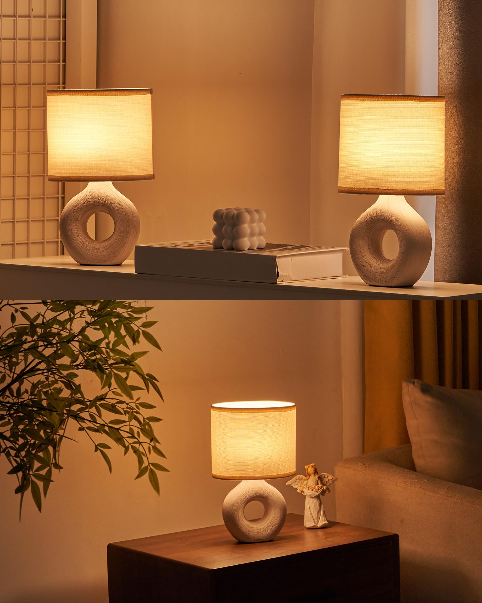 UMEXUS Small Cordless Table Lamp - Rechargeable, Timer & Dimmer, Beige Fabric Shade, Model 90010-90011, Portable Light for Indoor & Outdoor Use