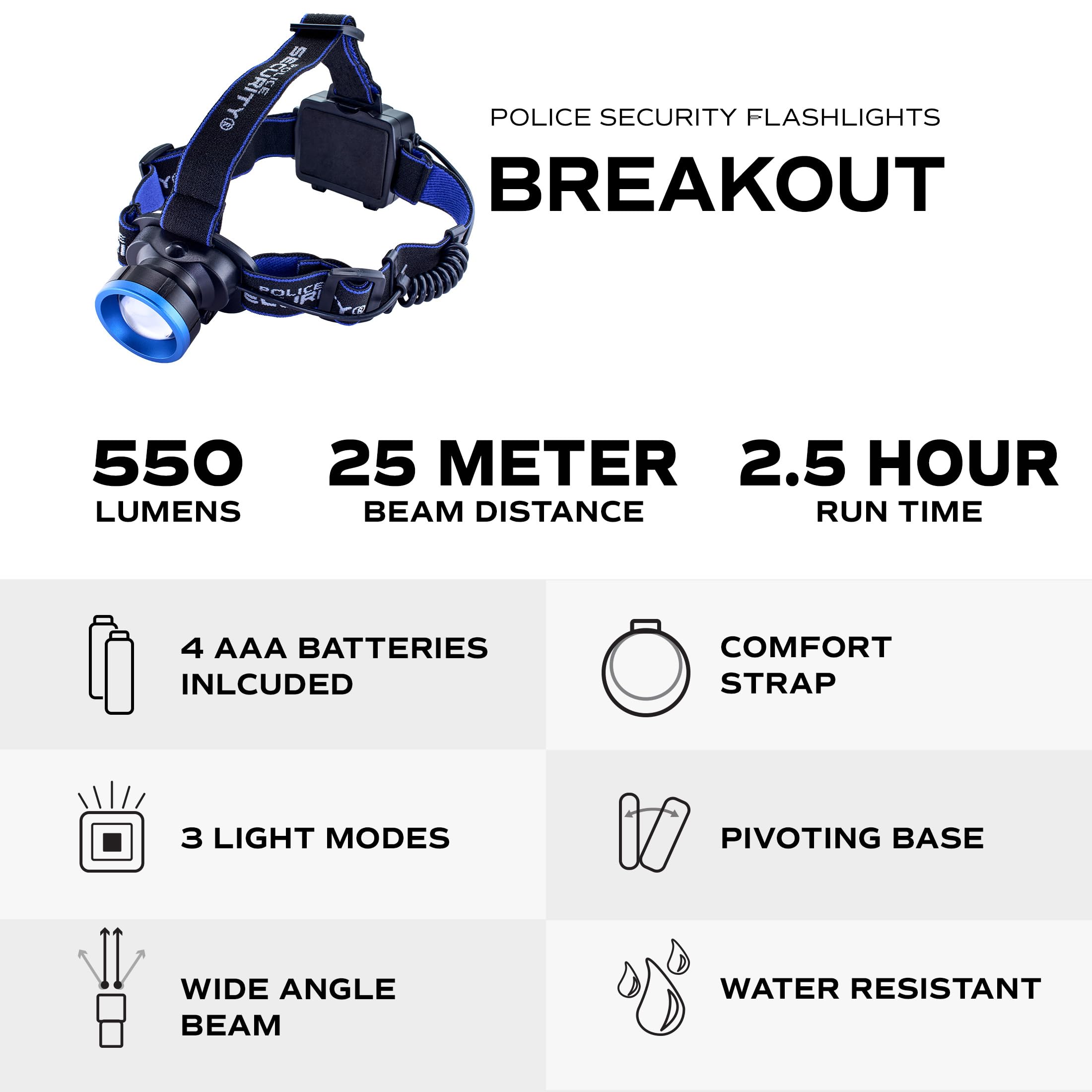 Police Security Breakout COB Headlamp - 550 Lumen, 120° Wide Angle, Night Vision, Black, Model 98298