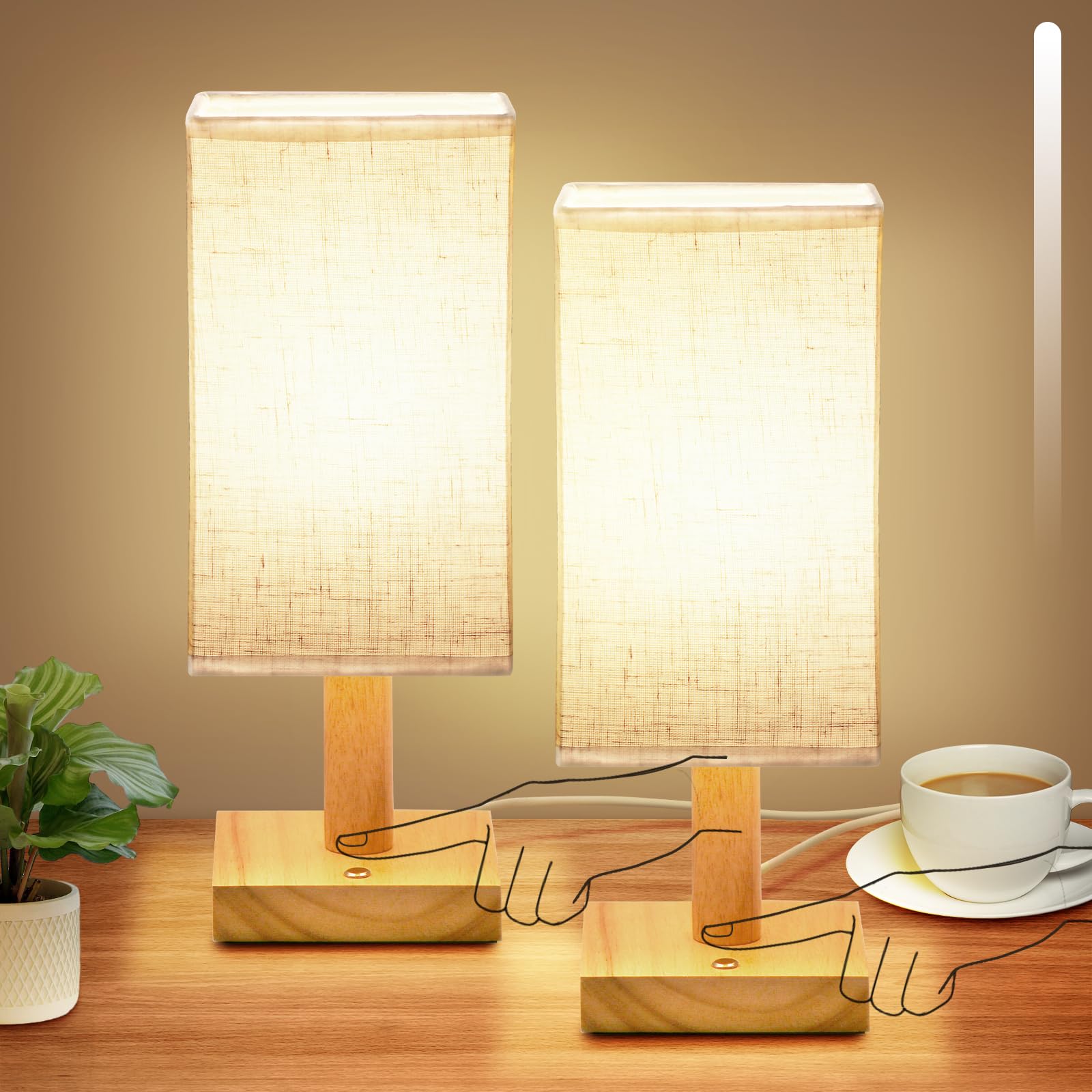 Uchenton Small Corded Touch Square Table Lamp Set Of 2 With Stepless Dimming, Natural Wood Base & Linen Fabric Shade, 5W Ambient