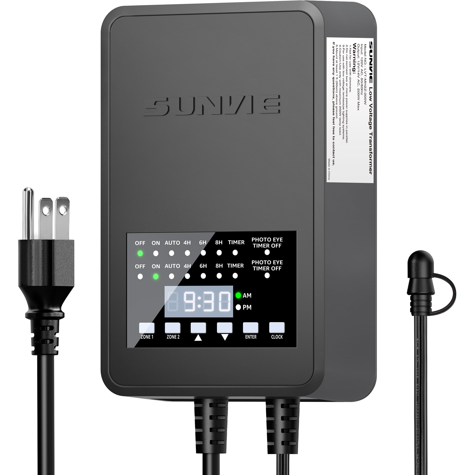 SUNVIE 300W Low Voltage Landscape Transformer with 2 Independent Control Output Landscape Lighting Transformer with Timer and Ph