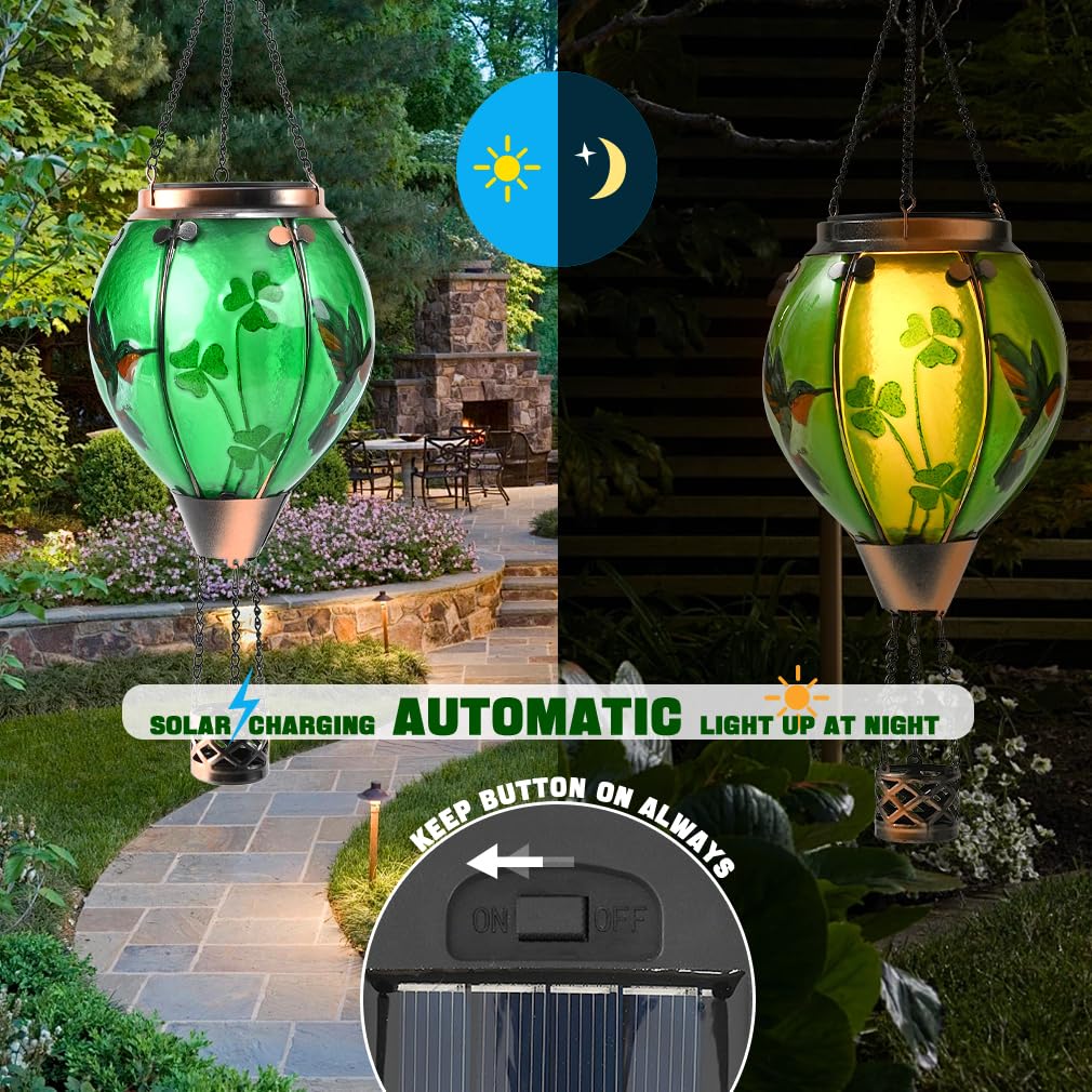 Bathtoo St Patricks Hot Air Balloon Solar Lantern, Glass, Hummingbird & Shamrock, Simulated Flickering Flame, Outdoor Decor