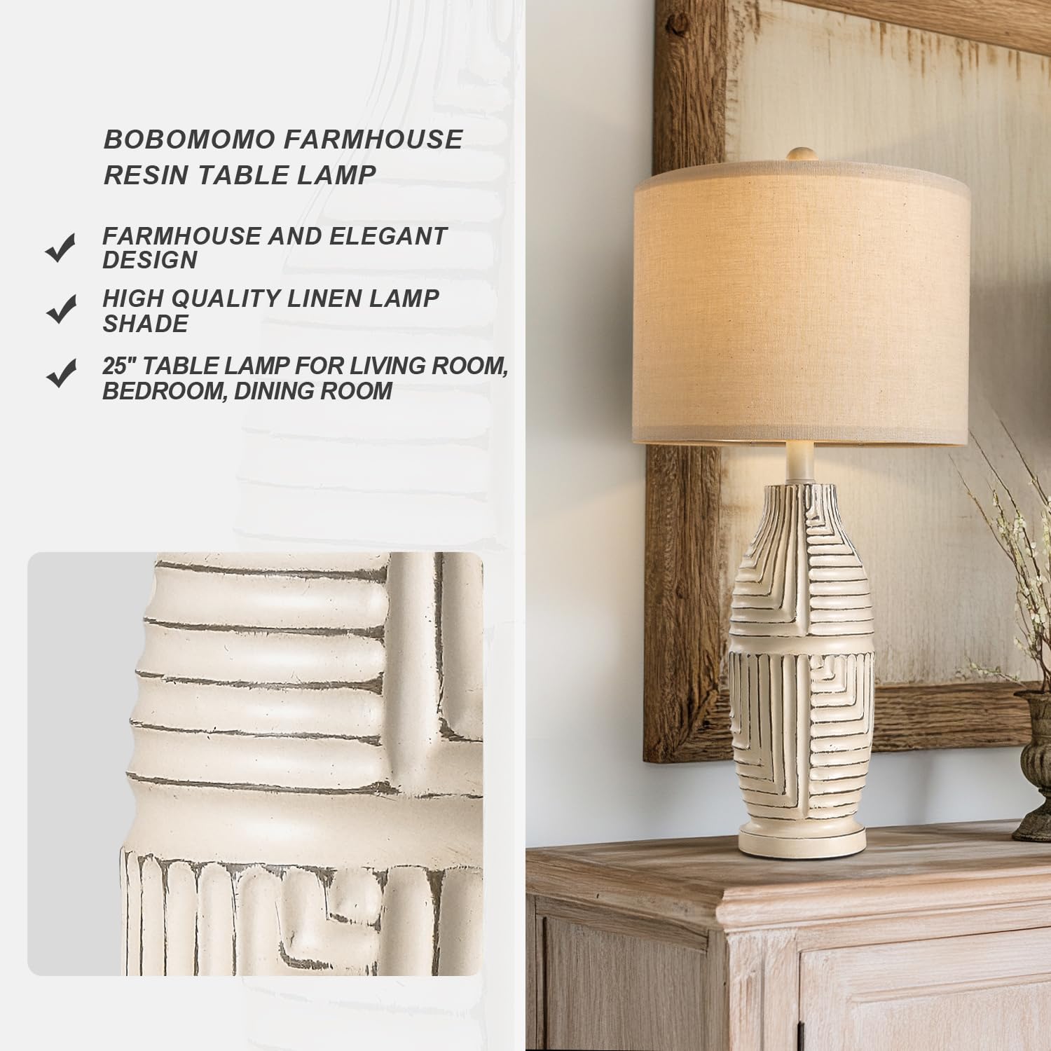 Bobomomo 25'' Farmhouse Table Lamp Set Of 2 Vintage Rustic Lamps For Living Room, Resin Bedside Nightstand Lamps With Linen Lamp